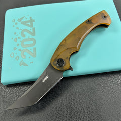 KUBEY KU175D  Scimitar Tanto Liner Lock Hunting Folding Knife Ultem Handle 3.46" Blackwash 14C28N