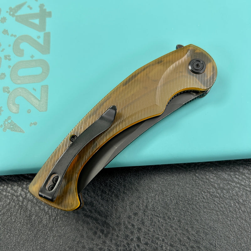 KUBEY KU175D  Scimitar Tanto Liner Lock Hunting Folding Knife Ultem Handle 3.46" Blackwash 14C28N