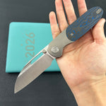 KB KNIVES KB432B Icicle Pocket Folding Knife Frame Lock Sandblast Titanium with Electric Blue  Camo Carbon Inlays 3.50" Belt Satin Elmax