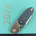 KB KNIVES KB432B Icicle Pocket Folding Knife Frame Lock Sandblast Titanium with Electric Blue  Camo Carbon Inlays 3.50" Belt Satin Elmax