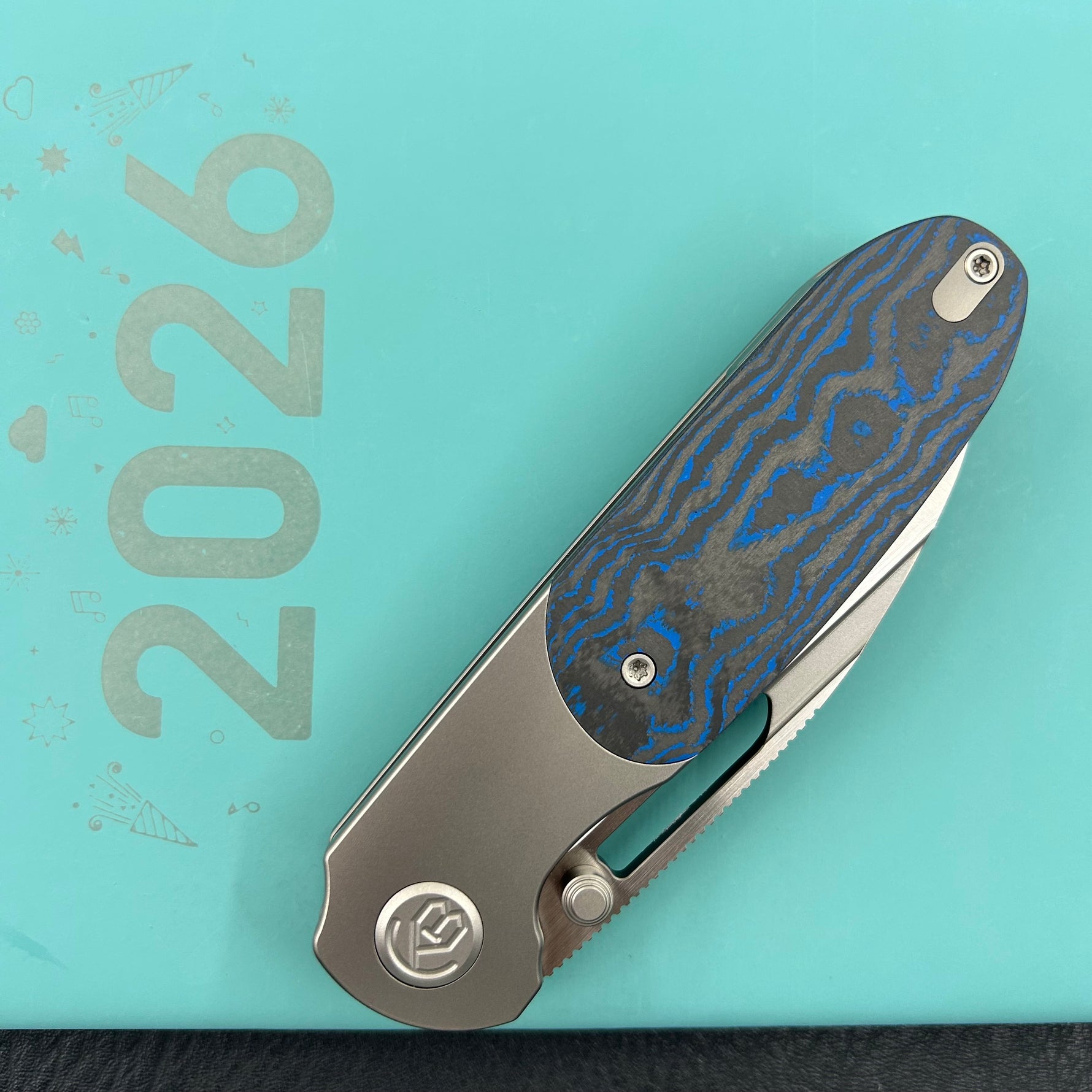 KB KNIVES KB432B Icicle Pocket Folding Knife Frame Lock Sandblast Titanium with Electric Blue  Camo Carbon Inlays 3.50" Belt Satin Elmax