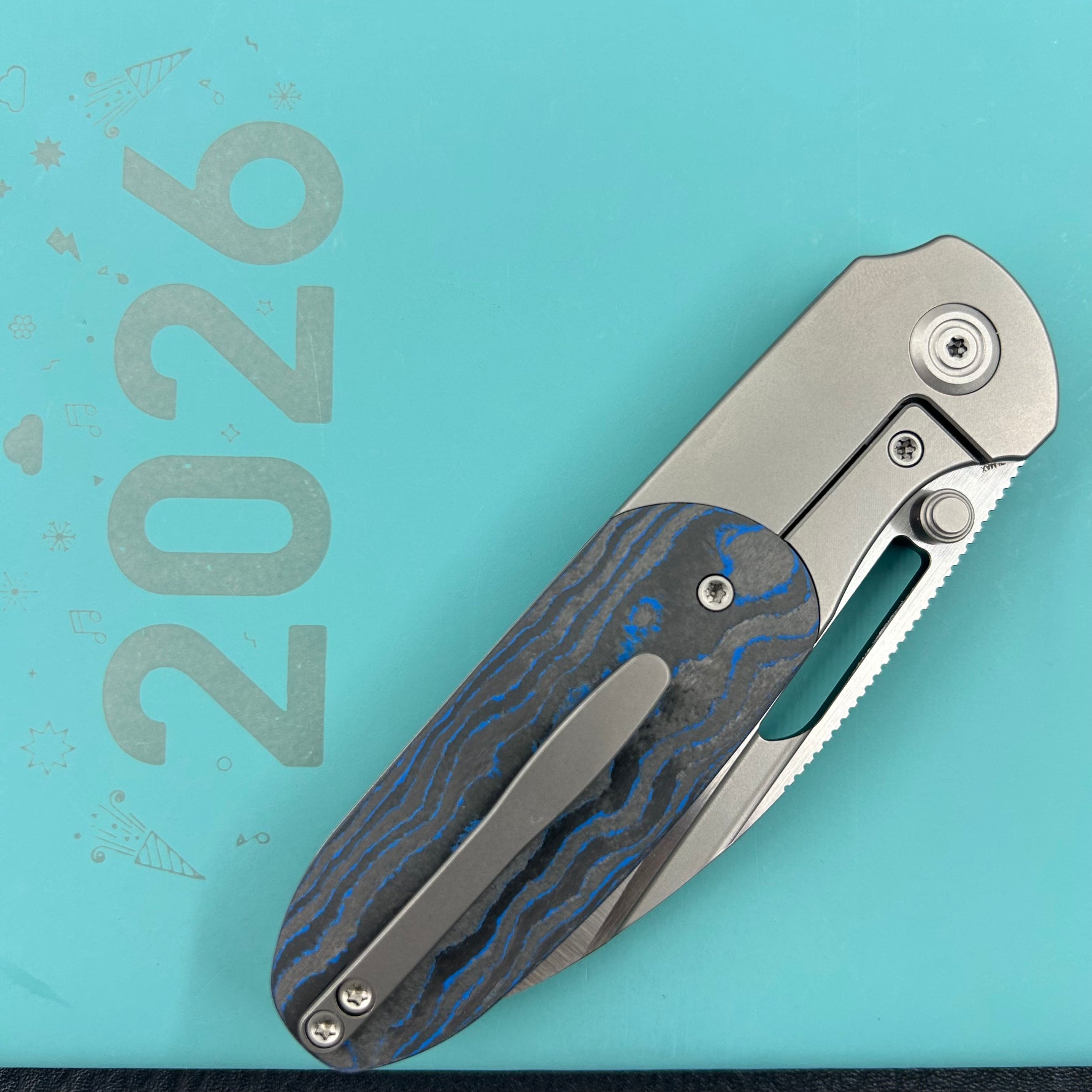 KB KNIVES KB432B Icicle Pocket Folding Knife Frame Lock Sandblast Titanium with Electric Blue  Camo Carbon Inlays 3.50" Belt Satin Elmax
