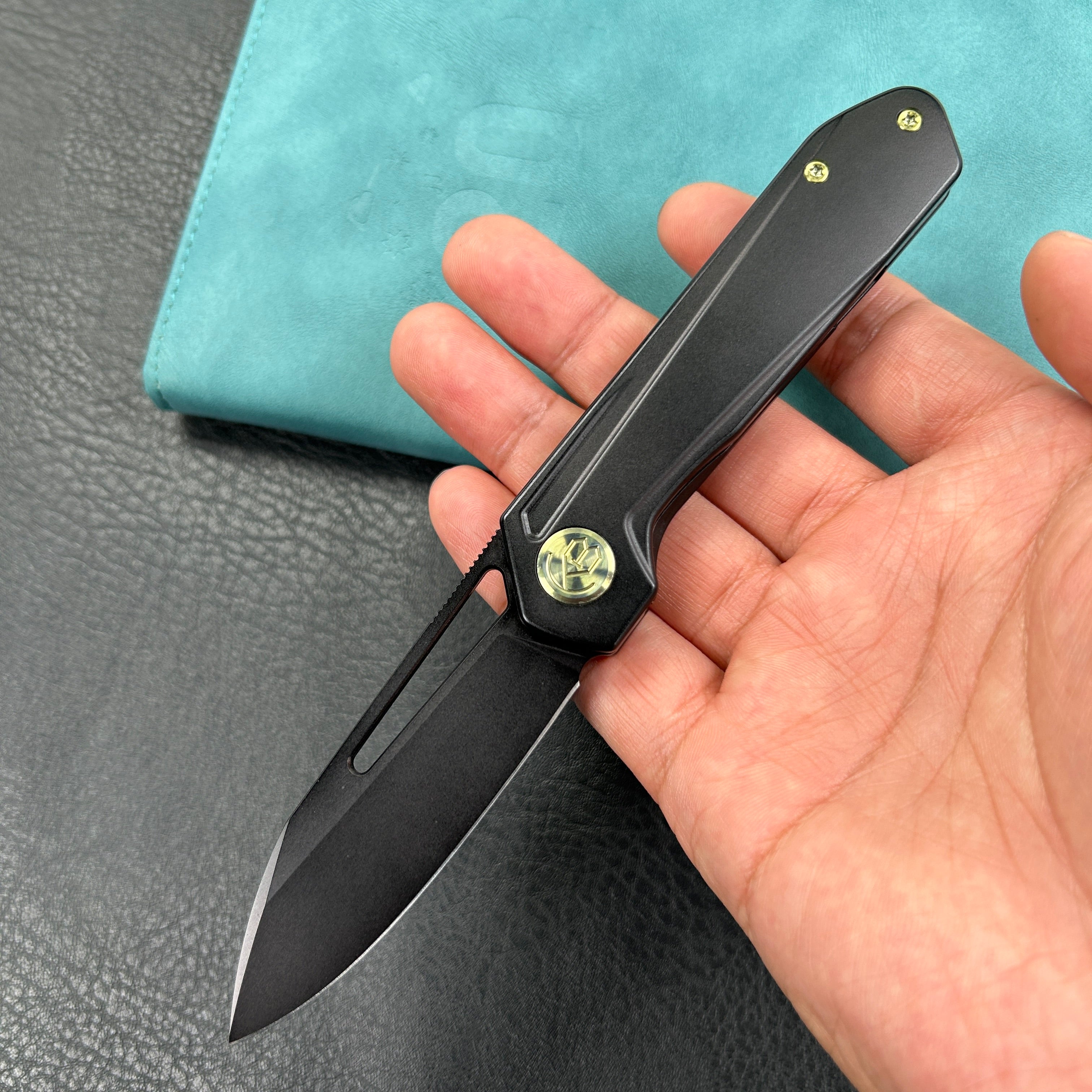 KUBEY KB321O Royal Frame Lock EDC Pocket Knife Black  6AL4V Titanium Handle 2.99" Black Coated M390