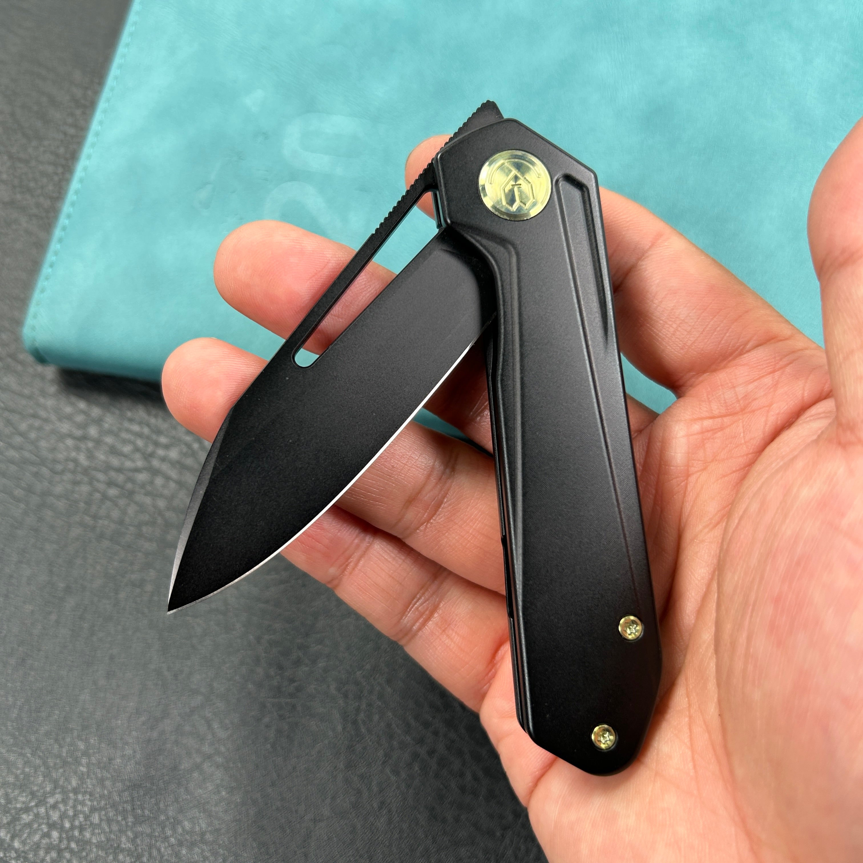 KUBEY KB321O Royal Frame Lock EDC Pocket Knife Black  6AL4V Titanium Handle 2.99" Black Coated M390