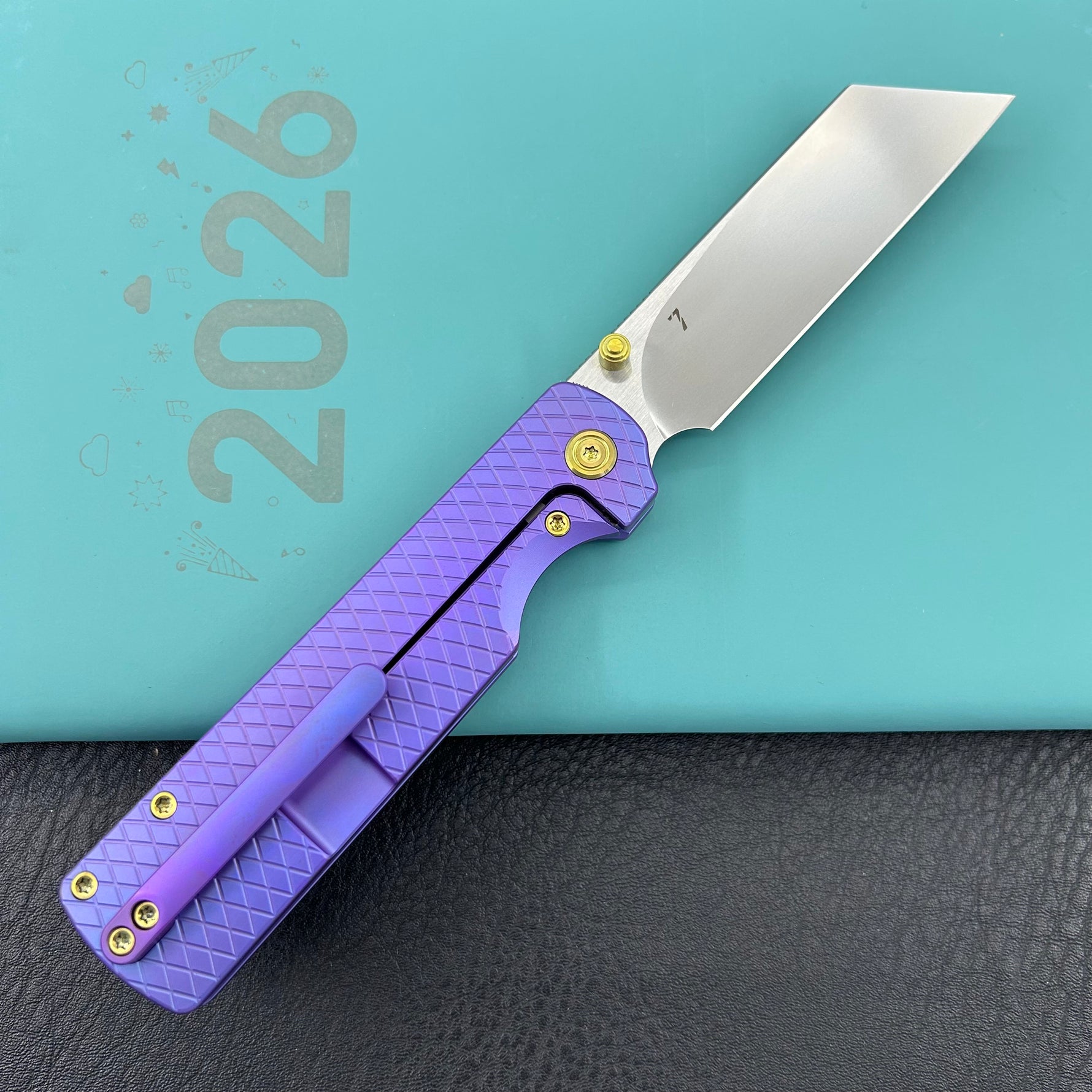KB KNIVES KB445C Get Some Frame Lock Folding Knife Blurple Titanium Handle 3.35" Satin & Silver Bead Blast M390 Blade