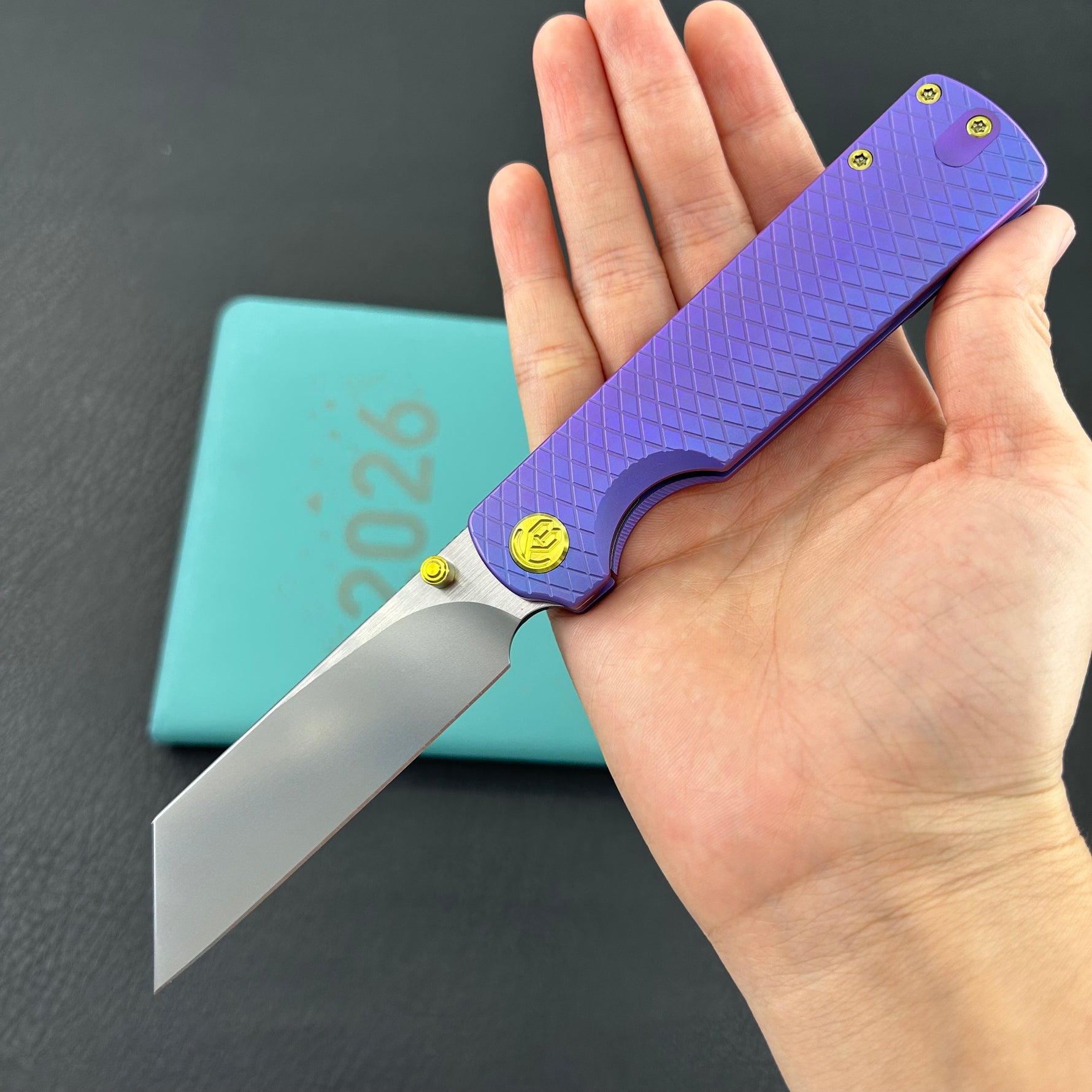 KB KNIVES KB445C Get Some Frame Lock Folding Knife Blurple Titanium Handle 3.35" Satin & Silver Bead Blast M390 Blade