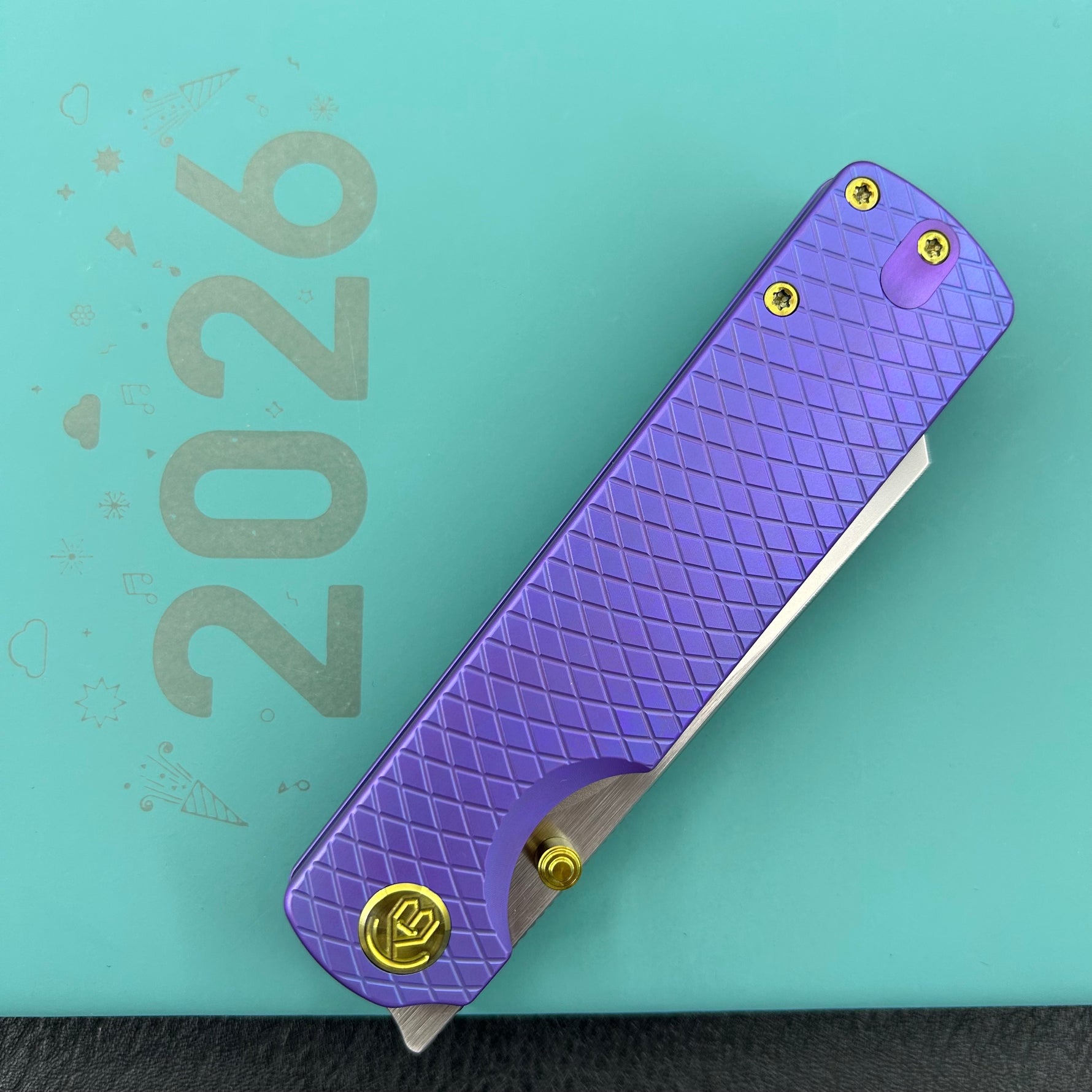 KB KNIVES KB445C Get Some Frame Lock Folding Knife Blurple Titanium Handle 3.35" Satin & Silver Bead Blast M390 Blade