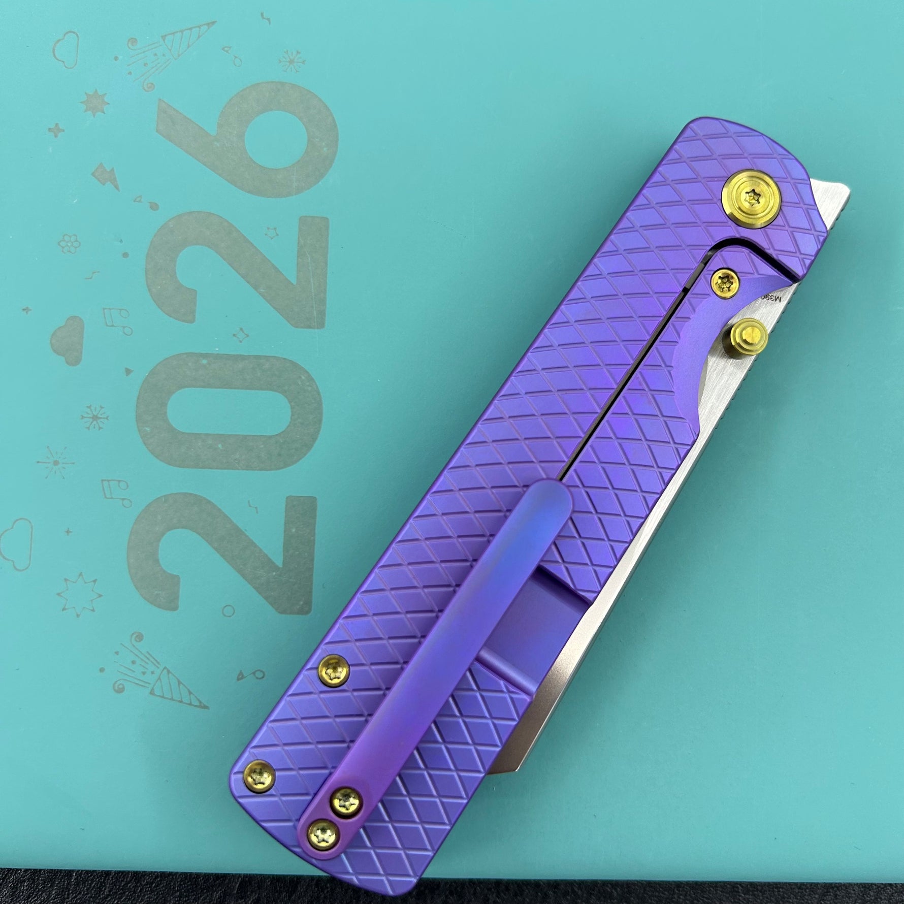 KB KNIVES KB445C Get Some Frame Lock Folding Knife Blurple Titanium Handle 3.35" Satin & Silver Bead Blast M390 Blade