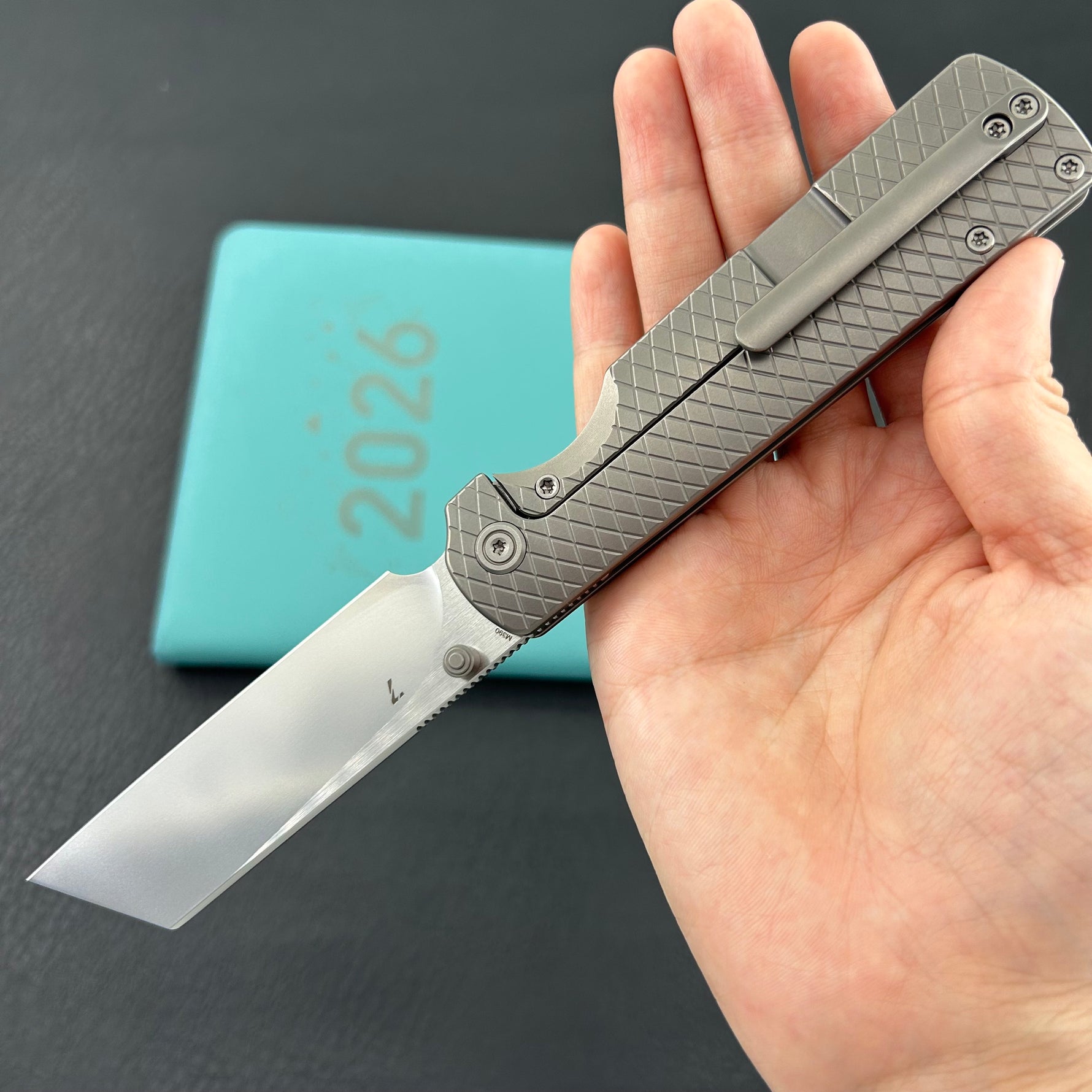 KB KNIVES KB445A Get Some Frame Lock Folding Knife Sandblast Titanium Handle 3.35" Satin & Silver Bead Blast M390 Blade