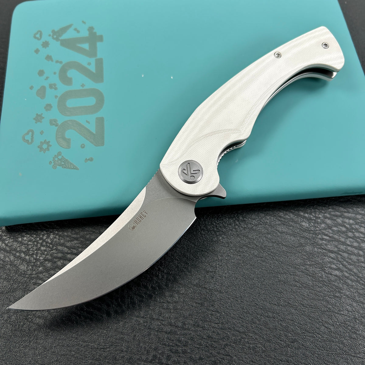 KUBEY KU173I Scimitar Liner Lock Folding Knife White G10 Handle 3.46" Bead Blast 14C28N