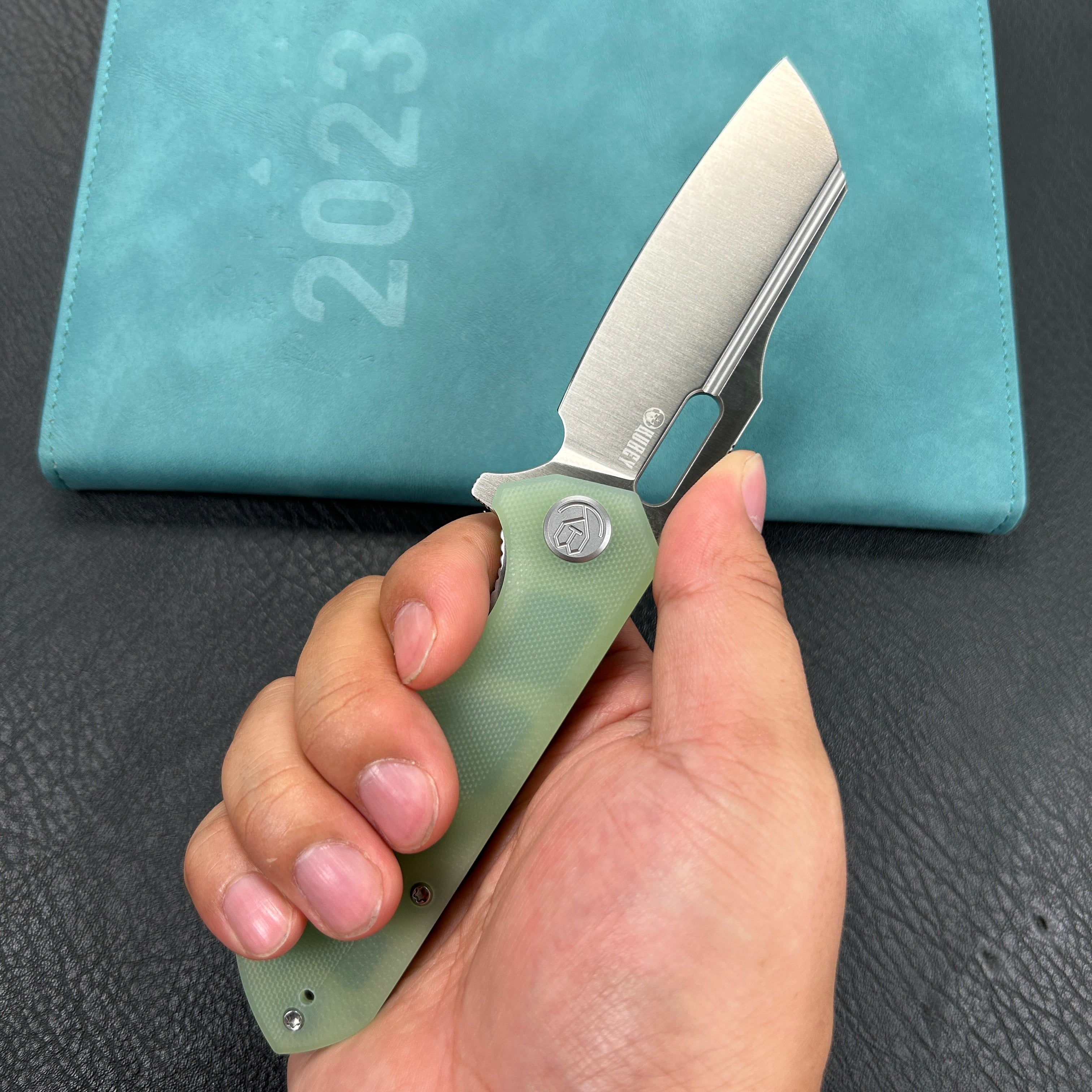 KUBEY KU328I  Atlas Nest Liner Lock Folding Knife Jade  G10 Handle 3.31"  Satin 14C28N