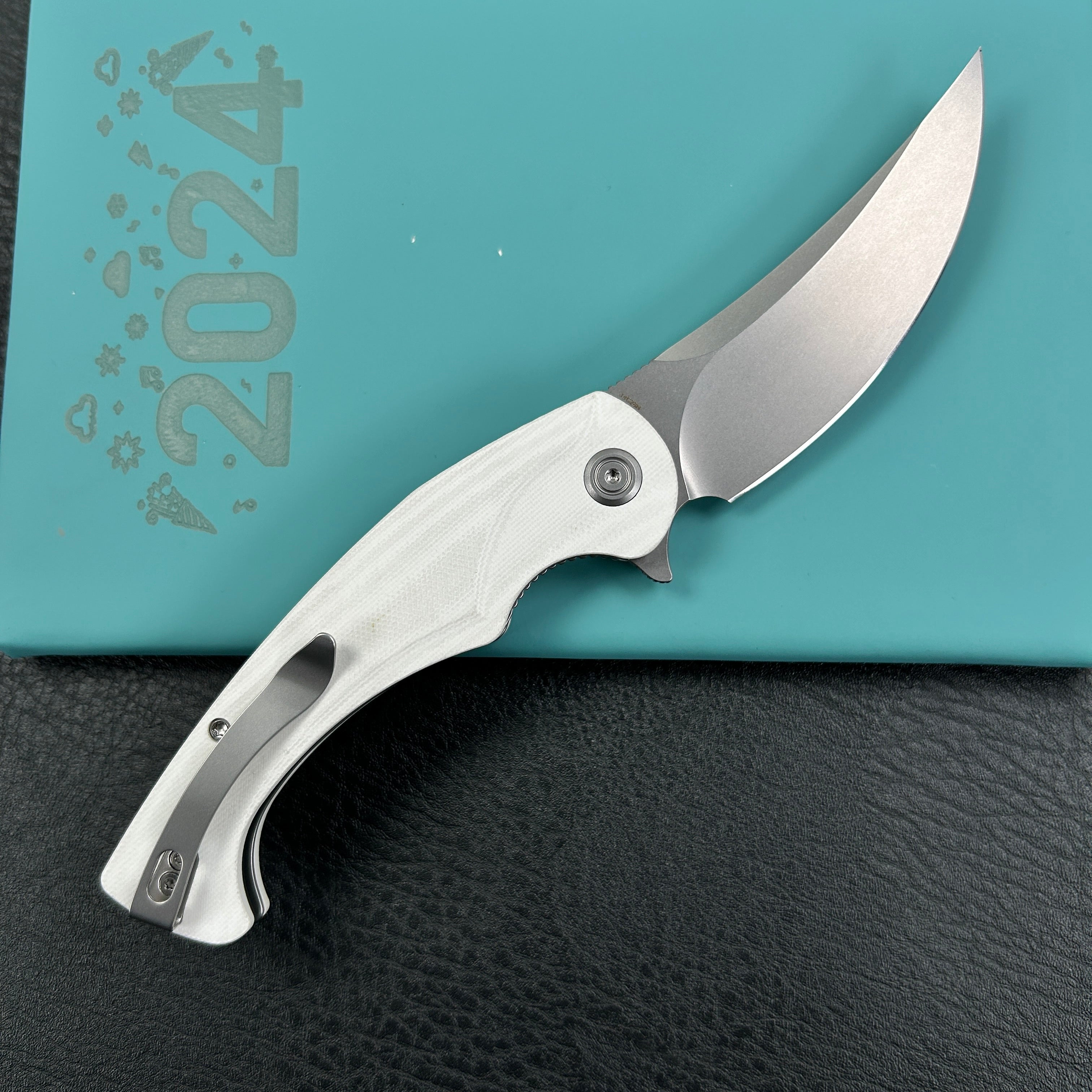 KUBEY KU173I Scimitar Liner Lock Folding Knife White G10 Handle 3.46" Bead Blast 14C28N