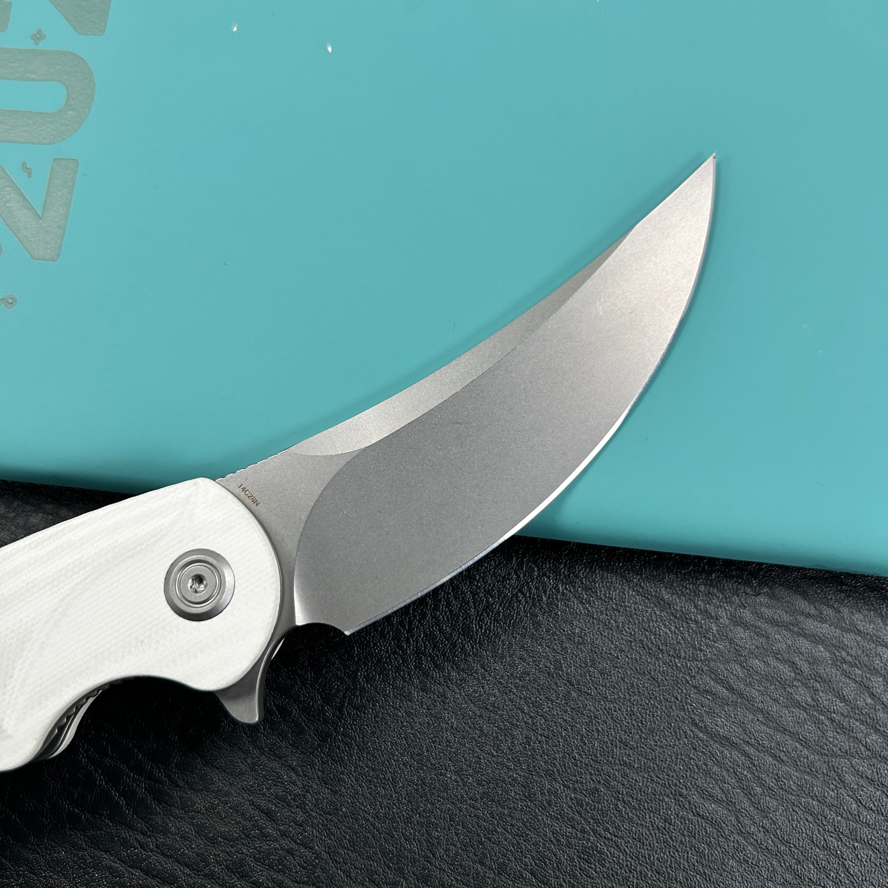 KUBEY KU173I Scimitar Liner Lock Folding Knife White G10 Handle 3.46" Bead Blast 14C28N