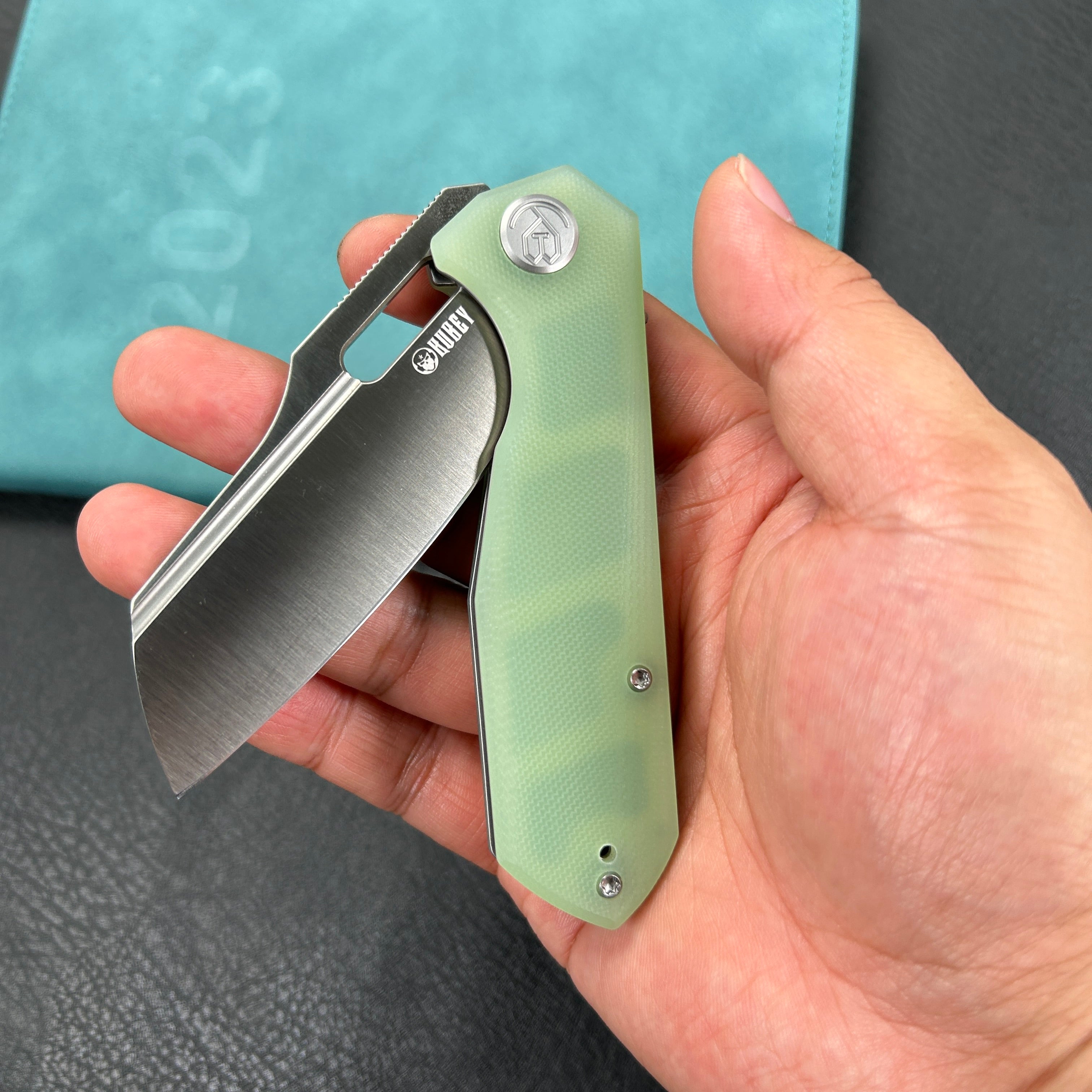 KUBEY KU328I  Atlas Nest Liner Lock Folding Knife Jade  G10 Handle 3.31"  Satin 14C28N