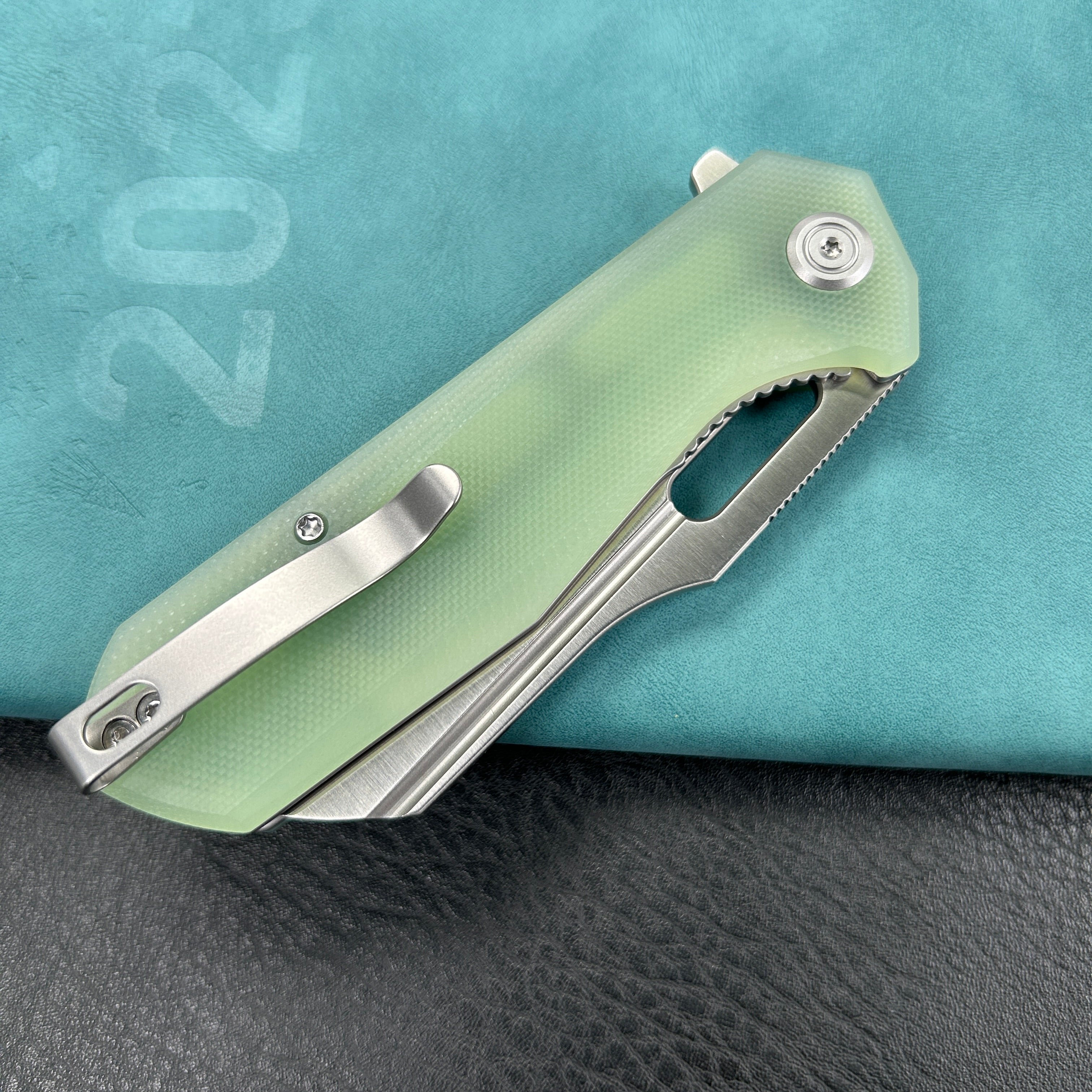 KUBEY KU328I  Atlas Nest Liner Lock Folding Knife Jade  G10 Handle 3.31"  Satin 14C28N