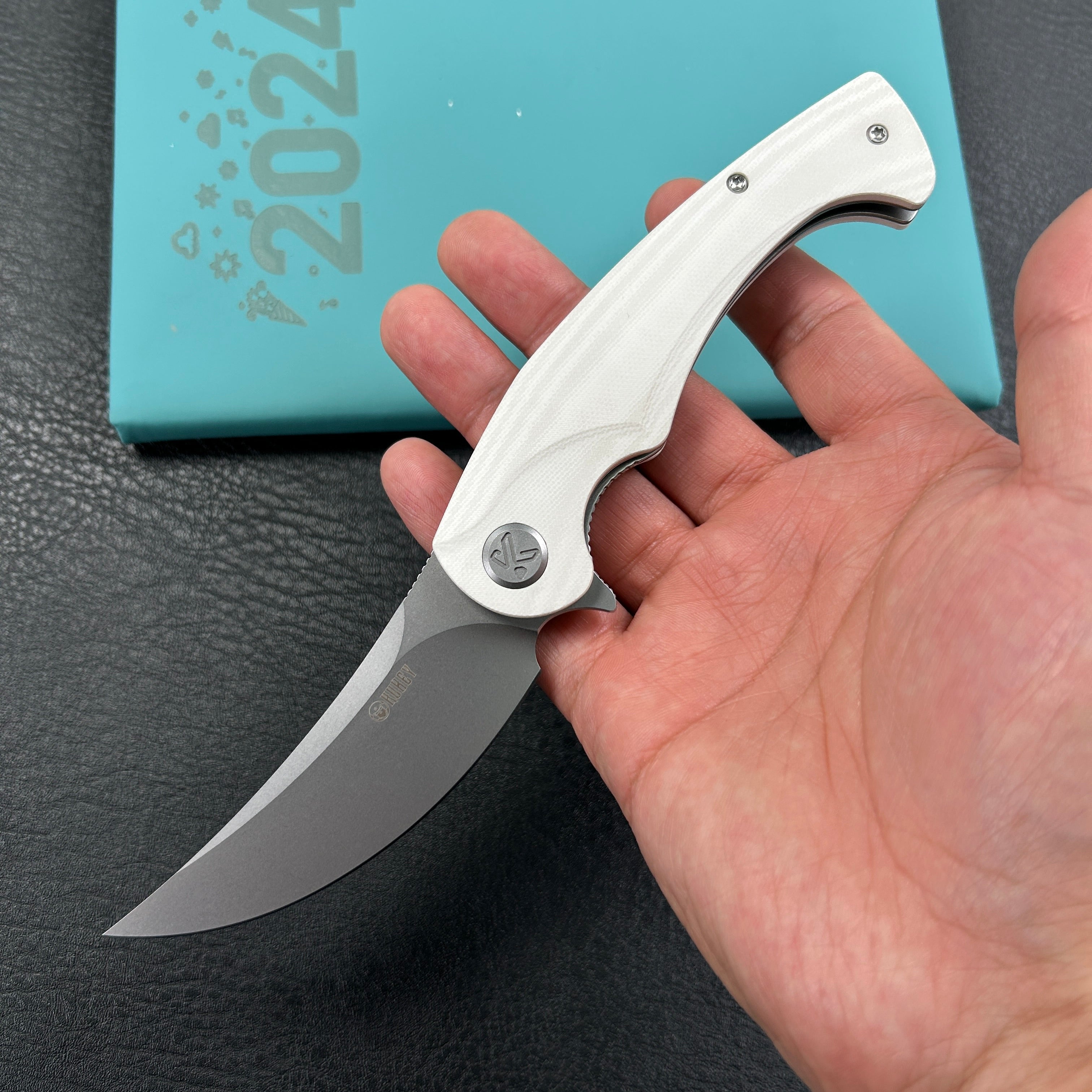 KUBEY KU173I Scimitar Liner Lock Folding Knife White G10 Handle 3.46" Bead Blast 14C28N