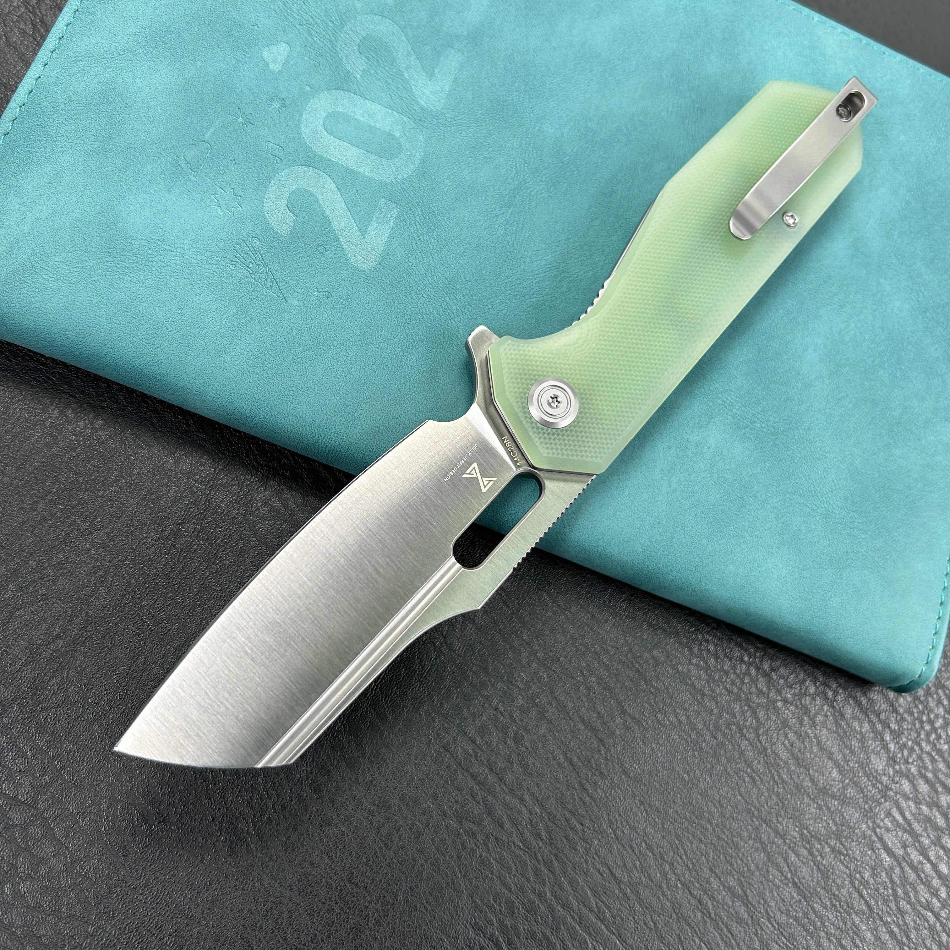 KUBEY KU328I  Atlas Nest Liner Lock Folding Knife Jade  G10 Handle 3.31"  Satin 14C28N