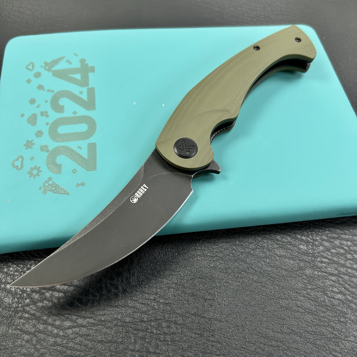 KUBEY KU173  Scimitar Liner Lock Folding Knife Green G10  Handle 3.46" Blackwash 14C28N