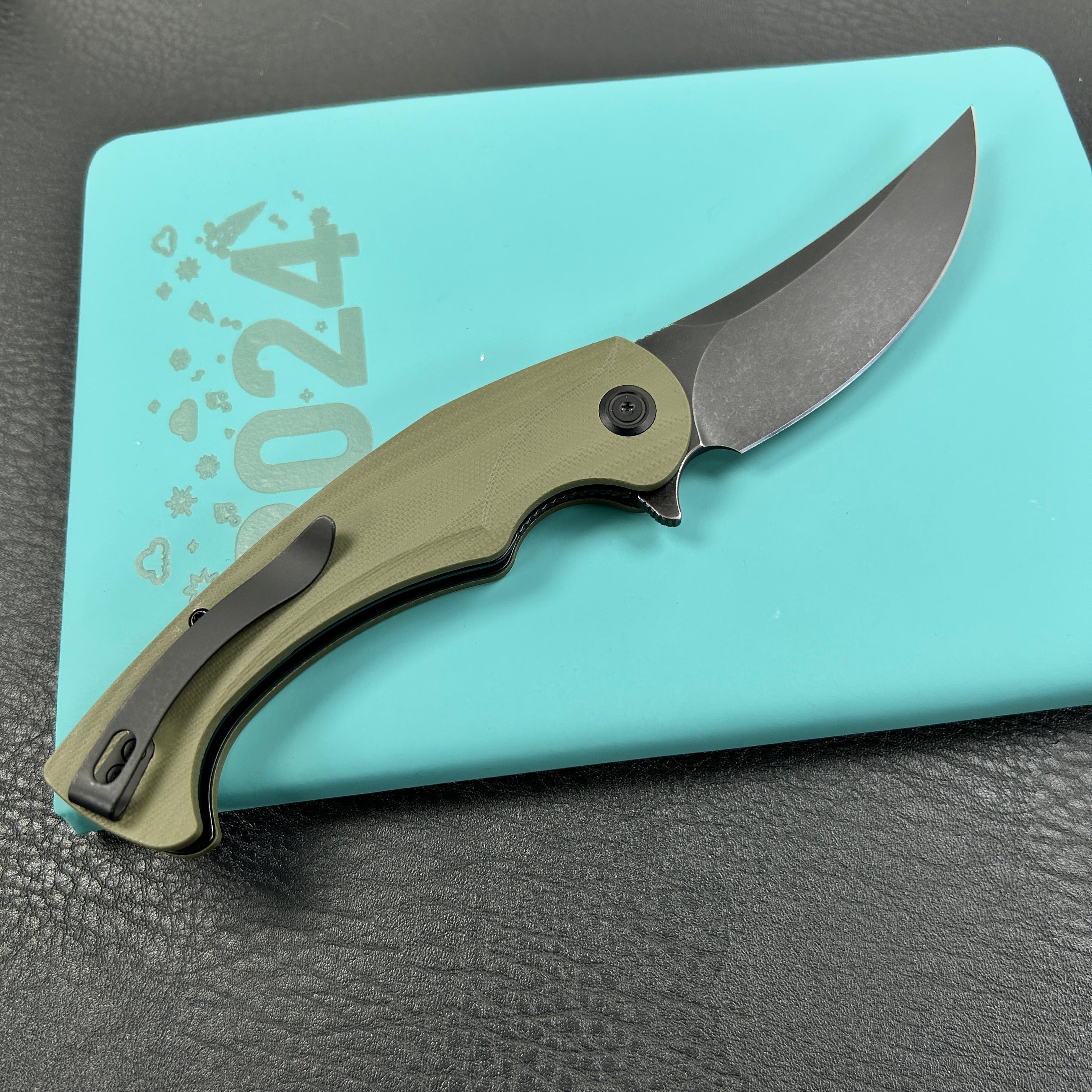 KUBEY KU173  Scimitar Liner Lock Folding Knife Green G10  Handle 3.46" Blackwash 14C28N