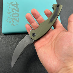 KUBEY KU173  Scimitar Liner Lock Folding Knife Green G10  Handle 3.46" Blackwash 14C28N