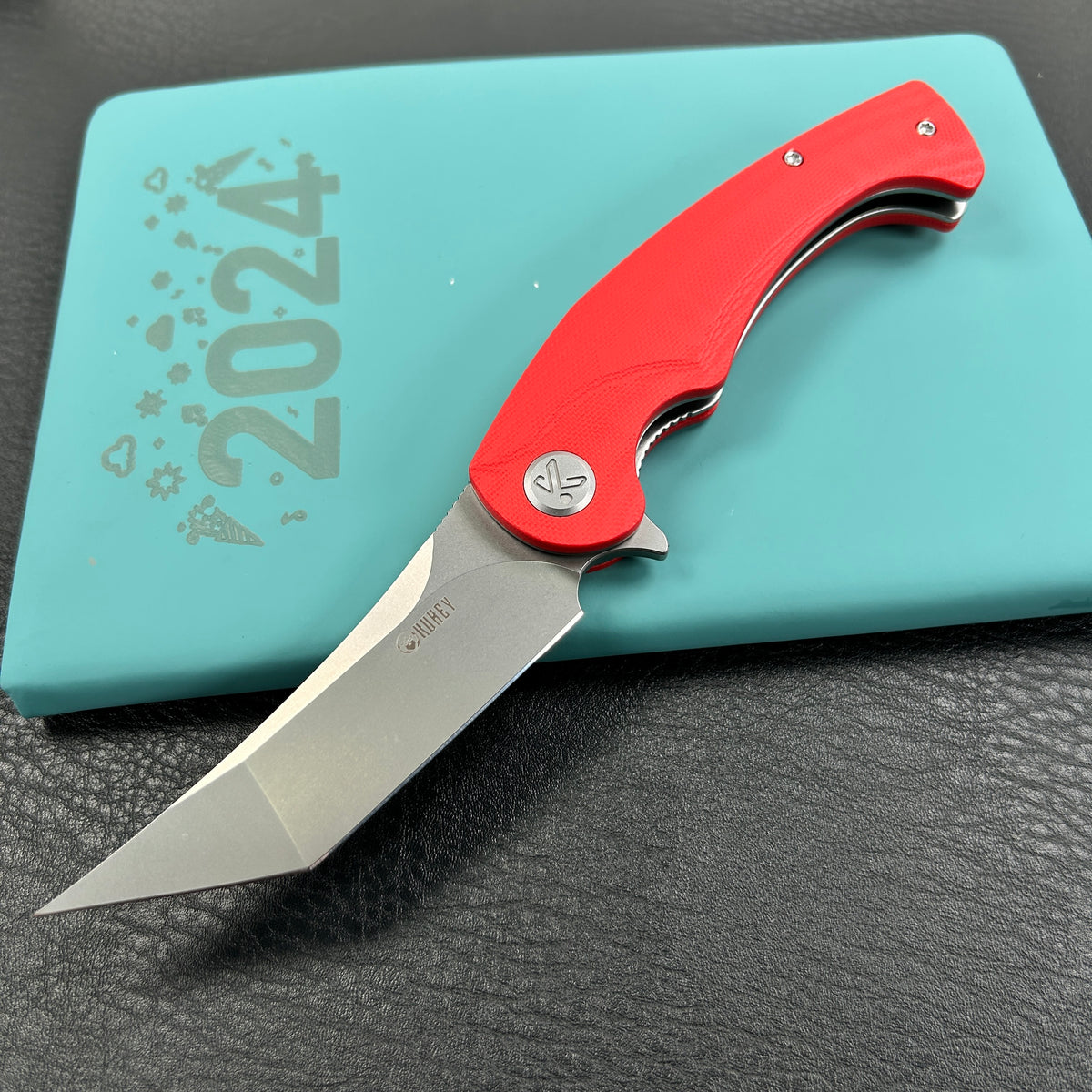 KUBEY  KU175E Scimitar Tanto Liner Lock Hunting Folding Knife Red G10 Handle 3.46" Beadblast 14C28N