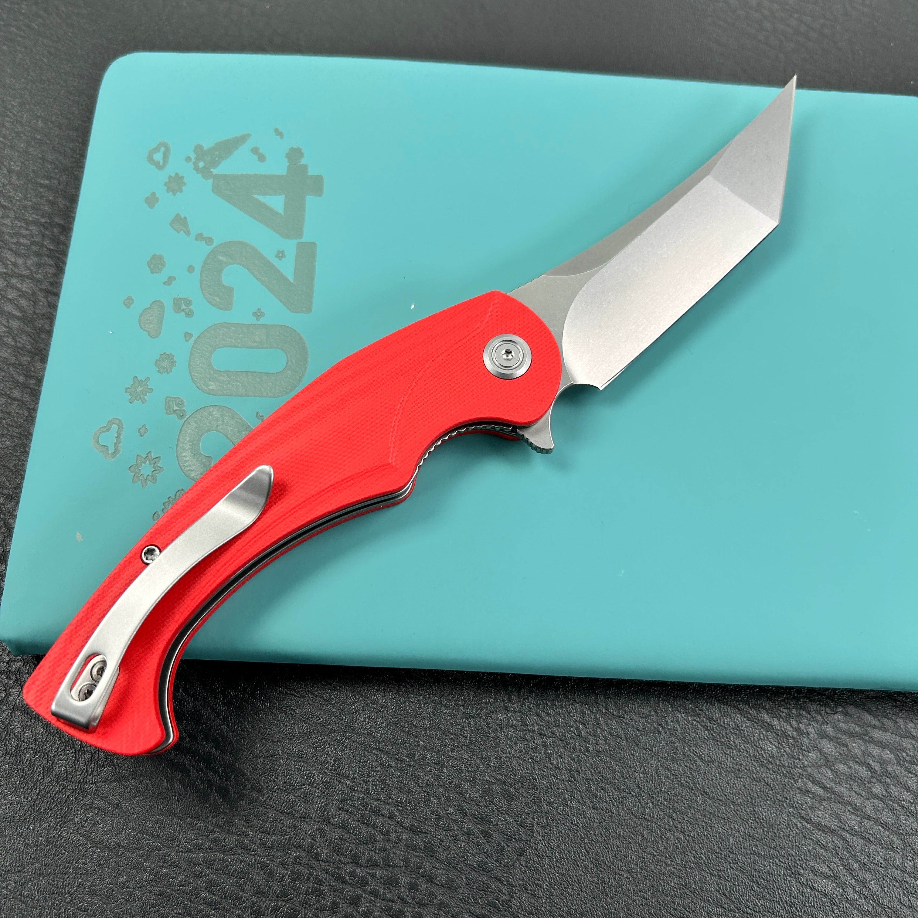 KUBEY  KU175E Scimitar Tanto Liner Lock Hunting Folding Knife Red G10 Handle 3.46" Beadblast 14C28N