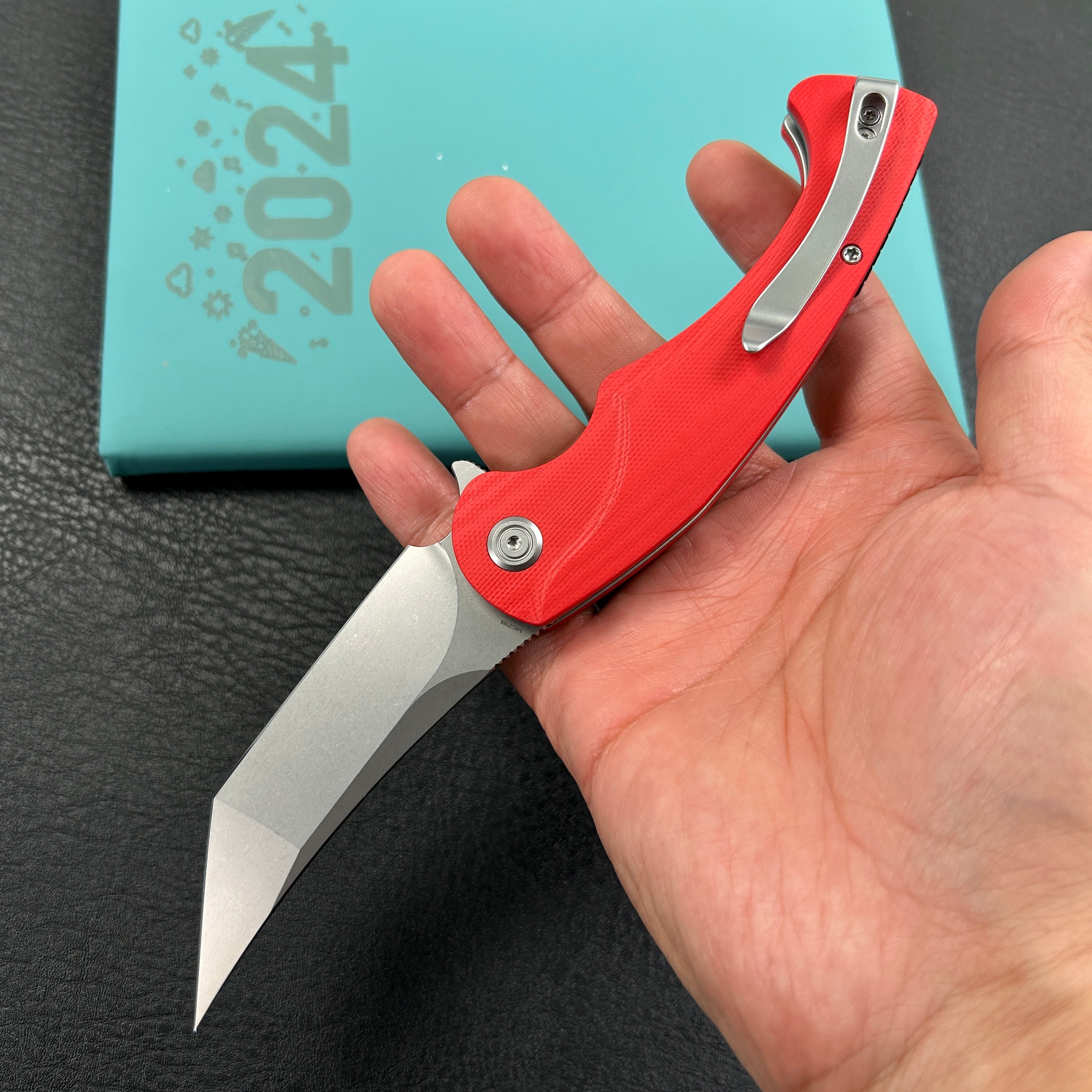 KUBEY  KU175E Scimitar Tanto Liner Lock Hunting Folding Knife Red G10 Handle 3.46" Beadblast 14C28N