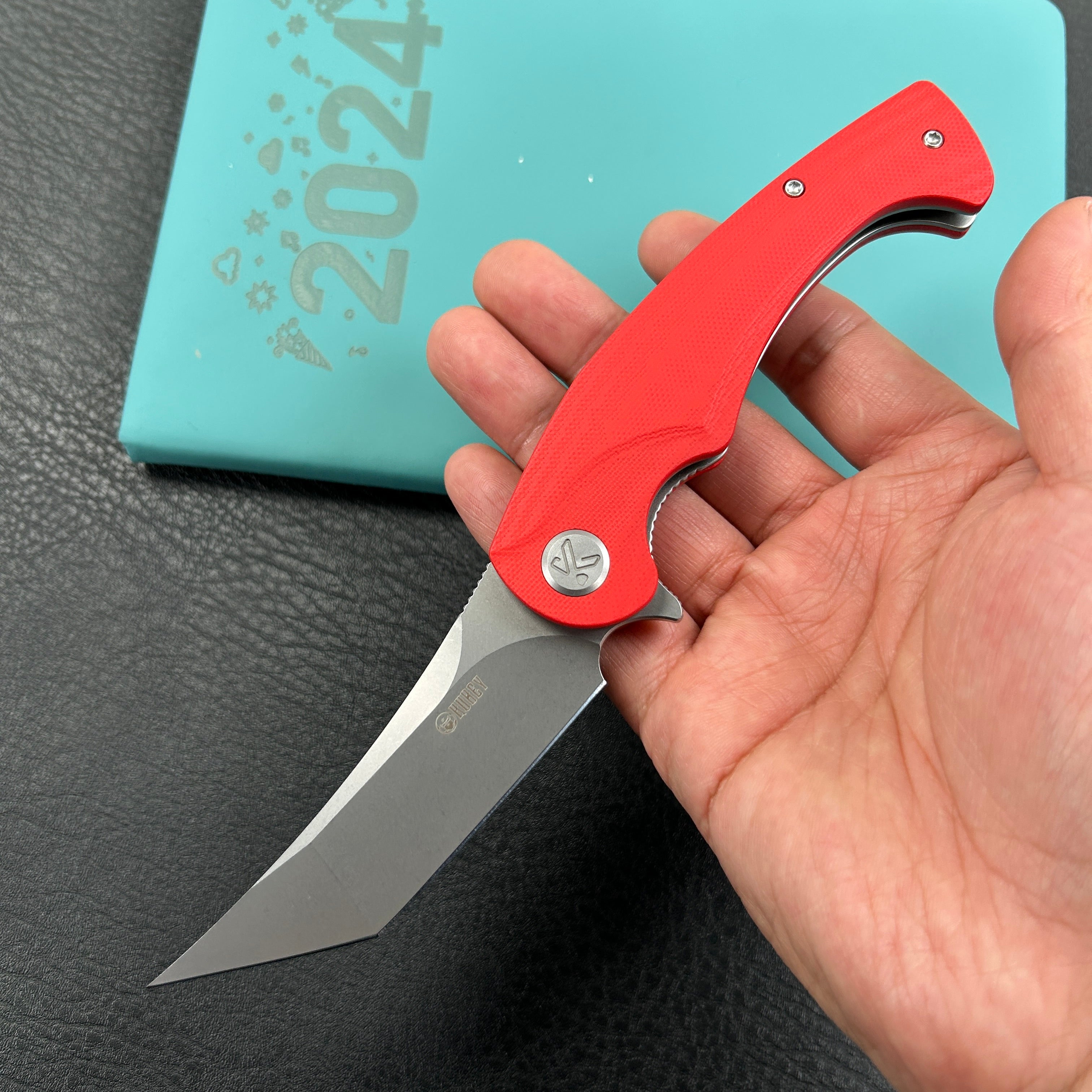 KUBEY  KU175E Scimitar Tanto Liner Lock Hunting Folding Knife Red G10 Handle 3.46" Beadblast 14C28N