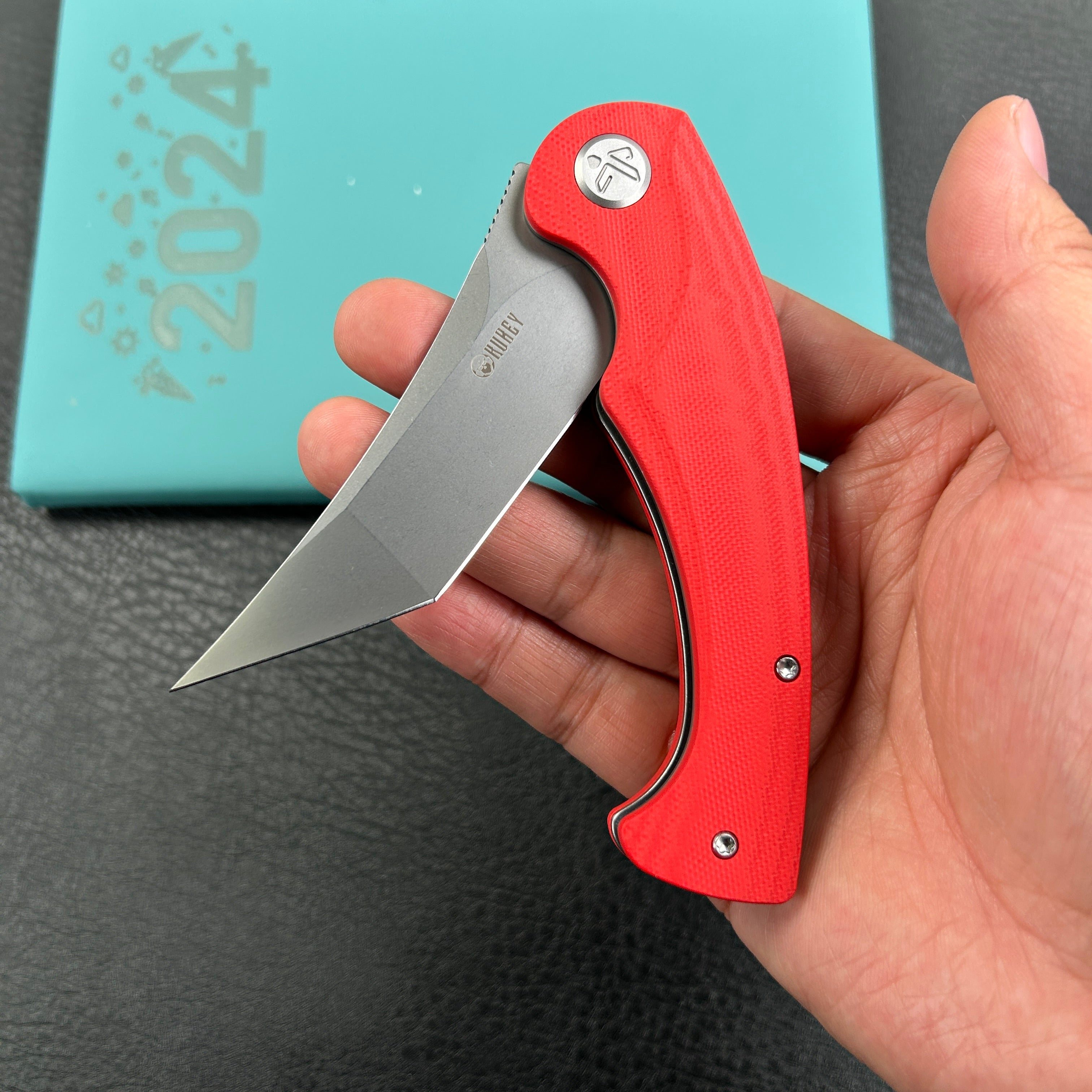 KUBEY  KU175E Scimitar Tanto Liner Lock Hunting Folding Knife Red G10 Handle 3.46" Beadblast 14C28N