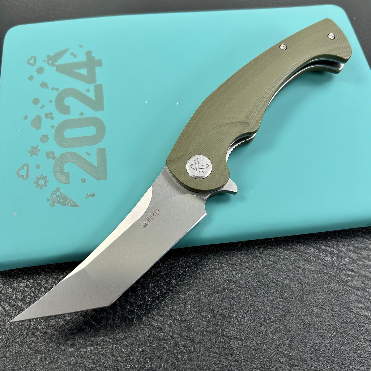 KUBEY KU175A Scimitar Tanto Liner Lock Hunting Folding Knife Green G10 Handle 3.46" Beadblast 14C28N