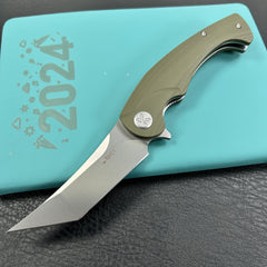 KUBEY KU175A Scimitar Tanto Liner Lock Hunting Folding Knife Green G10 Handle 3.46" Beadblast 14C28N