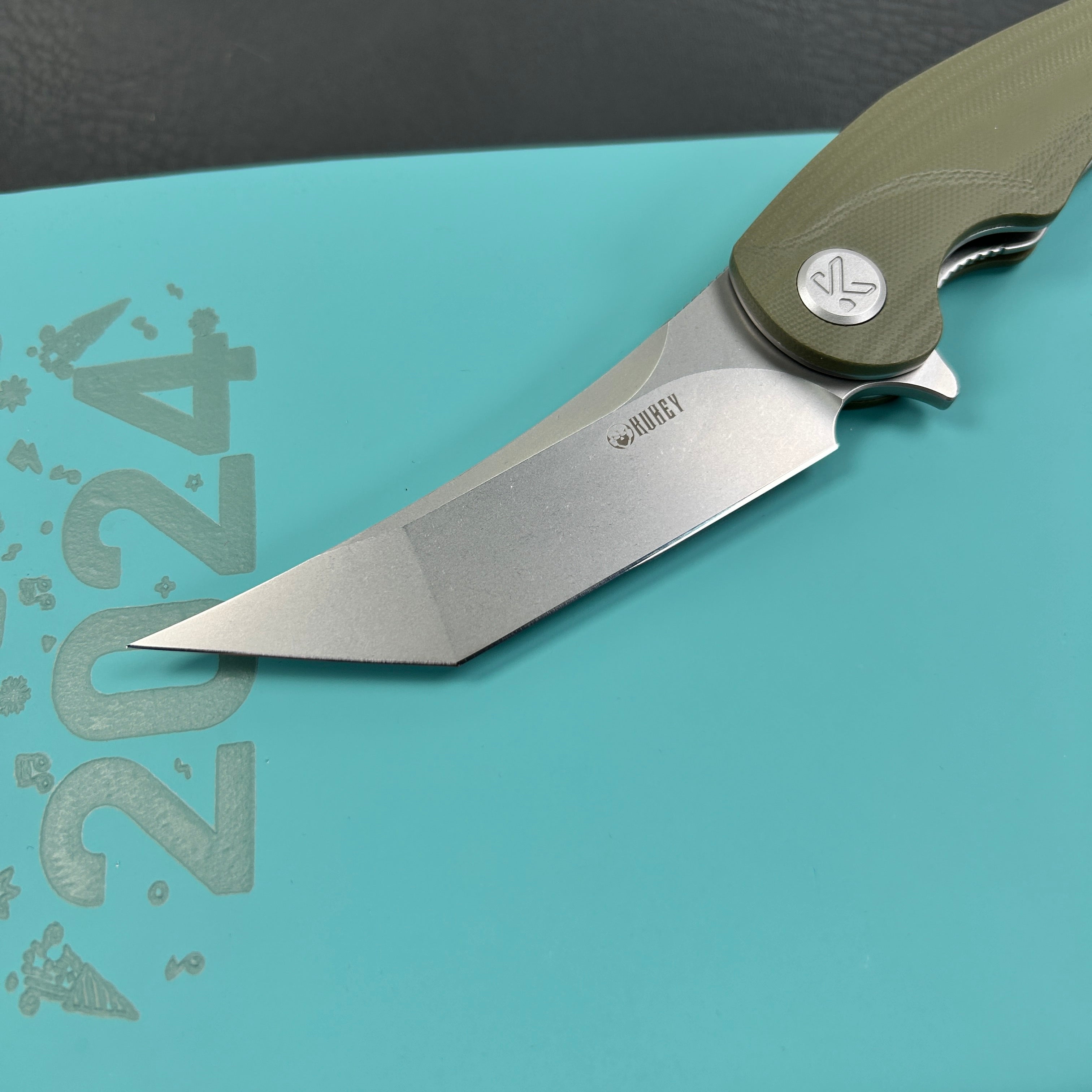 KUBEY KU175A Scimitar Tanto Liner Lock Hunting Folding Knife Green G10 Handle 3.46" Beadblast 14C28N