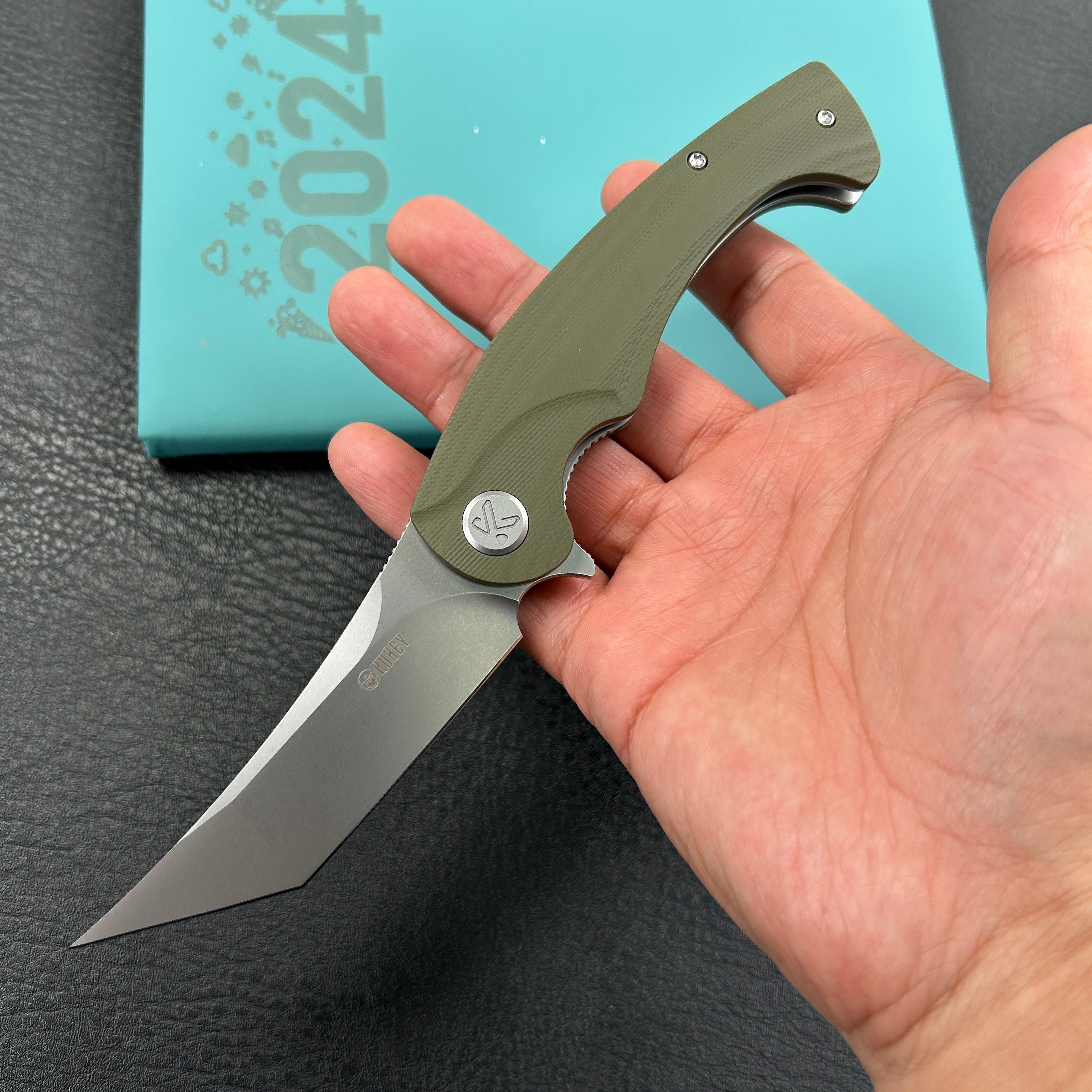 KUBEY KU175A Scimitar Tanto Liner Lock Hunting Folding Knife Green G10 Handle 3.46" Beadblast 14C28N