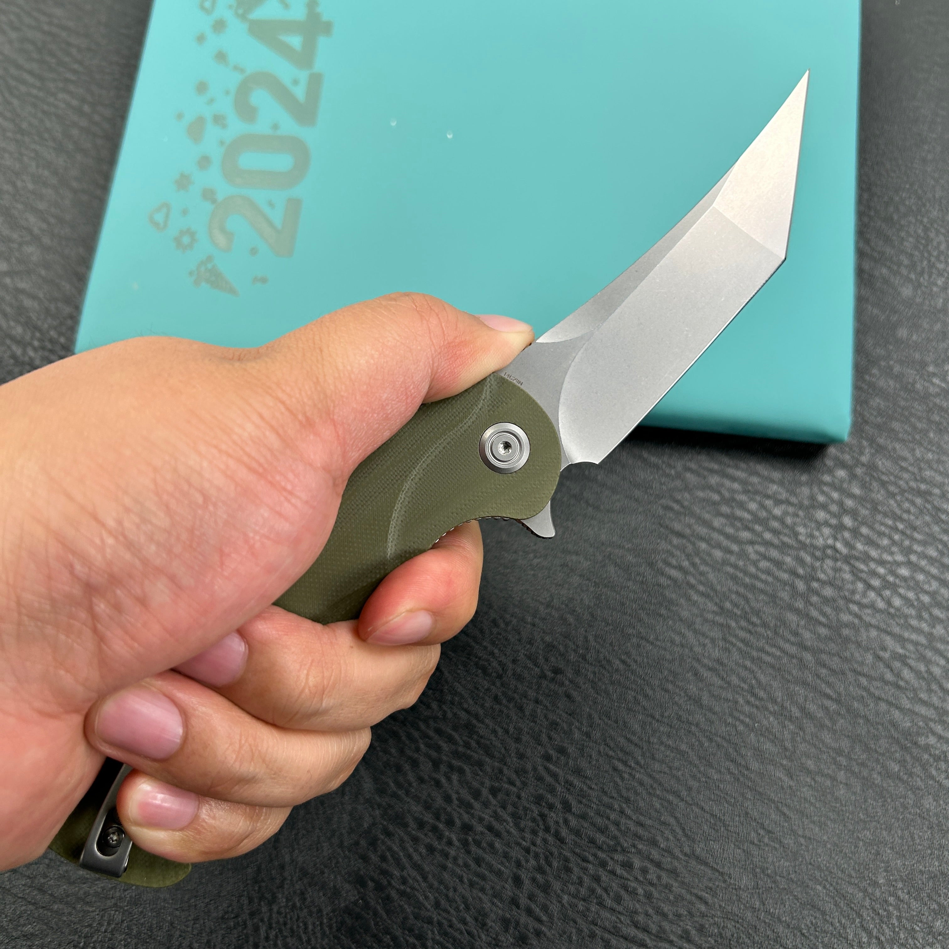 KUBEY KU175A Scimitar Tanto Liner Lock Hunting Folding Knife Green G10 Handle 3.46" Beadblast 14C28N