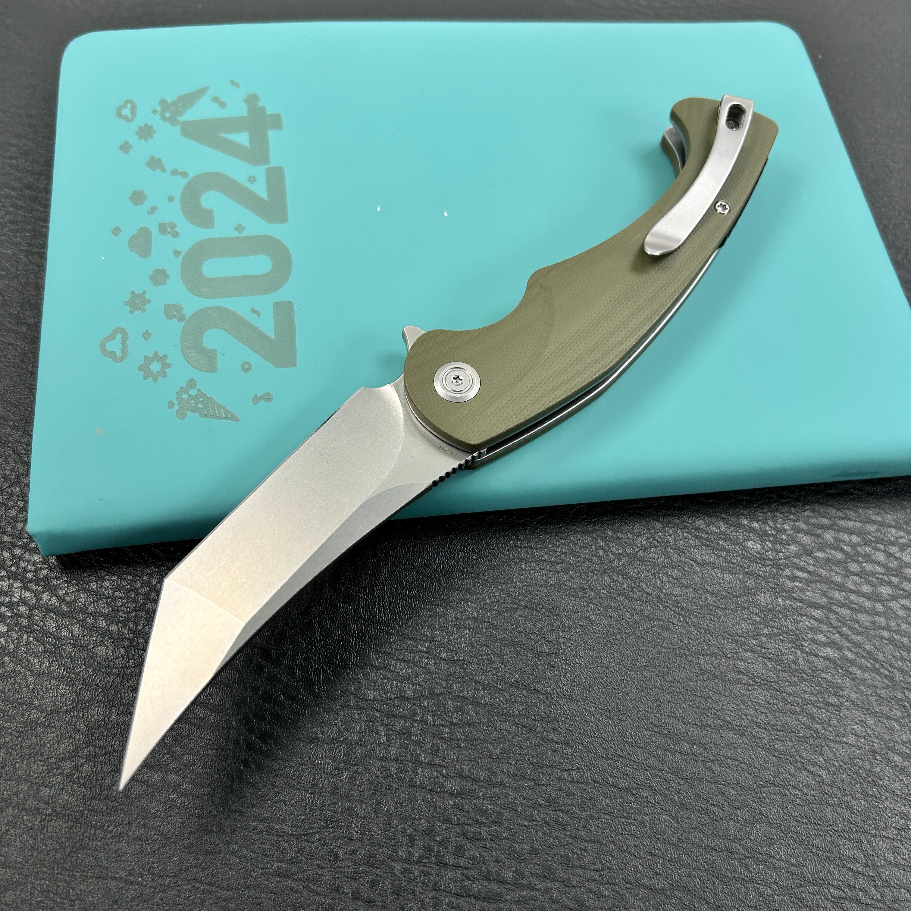 KUBEY KU175A Scimitar Tanto Liner Lock Hunting Folding Knife Green G10 Handle 3.46" Beadblast 14C28N