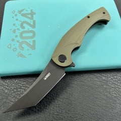 KUBEY KU175B Scimitar Tanto Liner Lock Hunting Folding Knife Green G10 Handle 3.46" Blackwash 14C28N