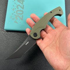 KUBEY KU175B Scimitar Tanto Liner Lock Hunting Folding Knife Green G10 Handle 3.46" Blackwash 14C28N