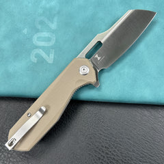 KUBEY KU328J Atlas Nest Liner Lock Folding Knife Tan G10 Handle 3.31" Satin 14C28N