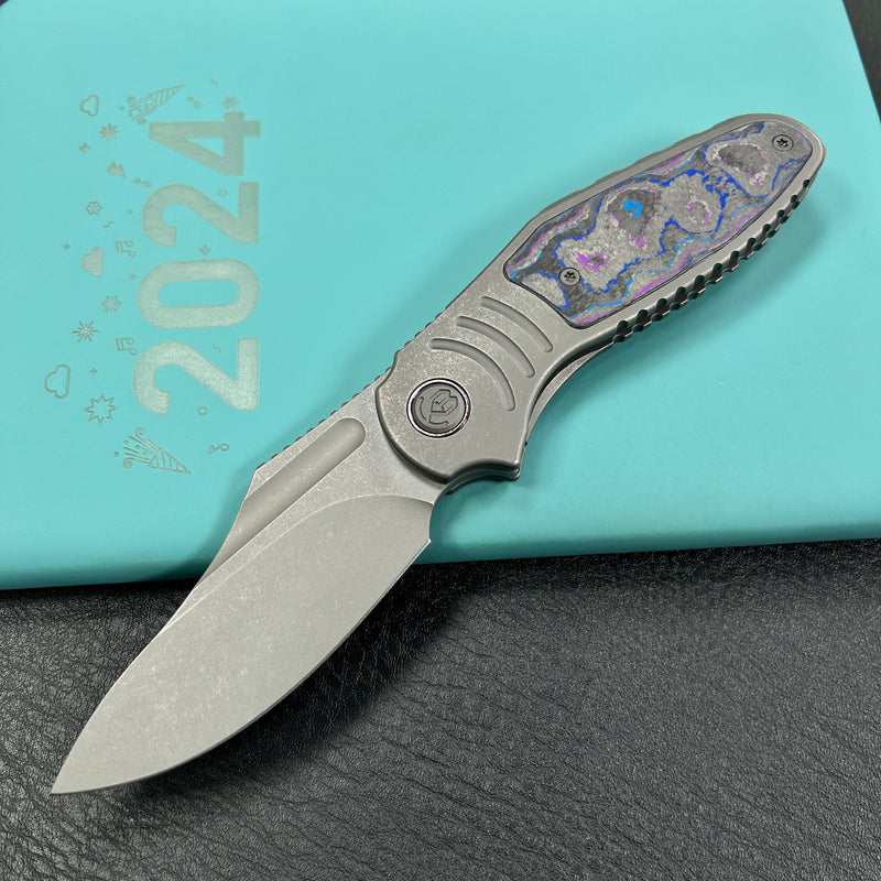 KB Knives  KB384B  Stroller Folding Knife Gray Titanium/CF Inlays Handle 3.35" Darkwash CPM 20CV Blade