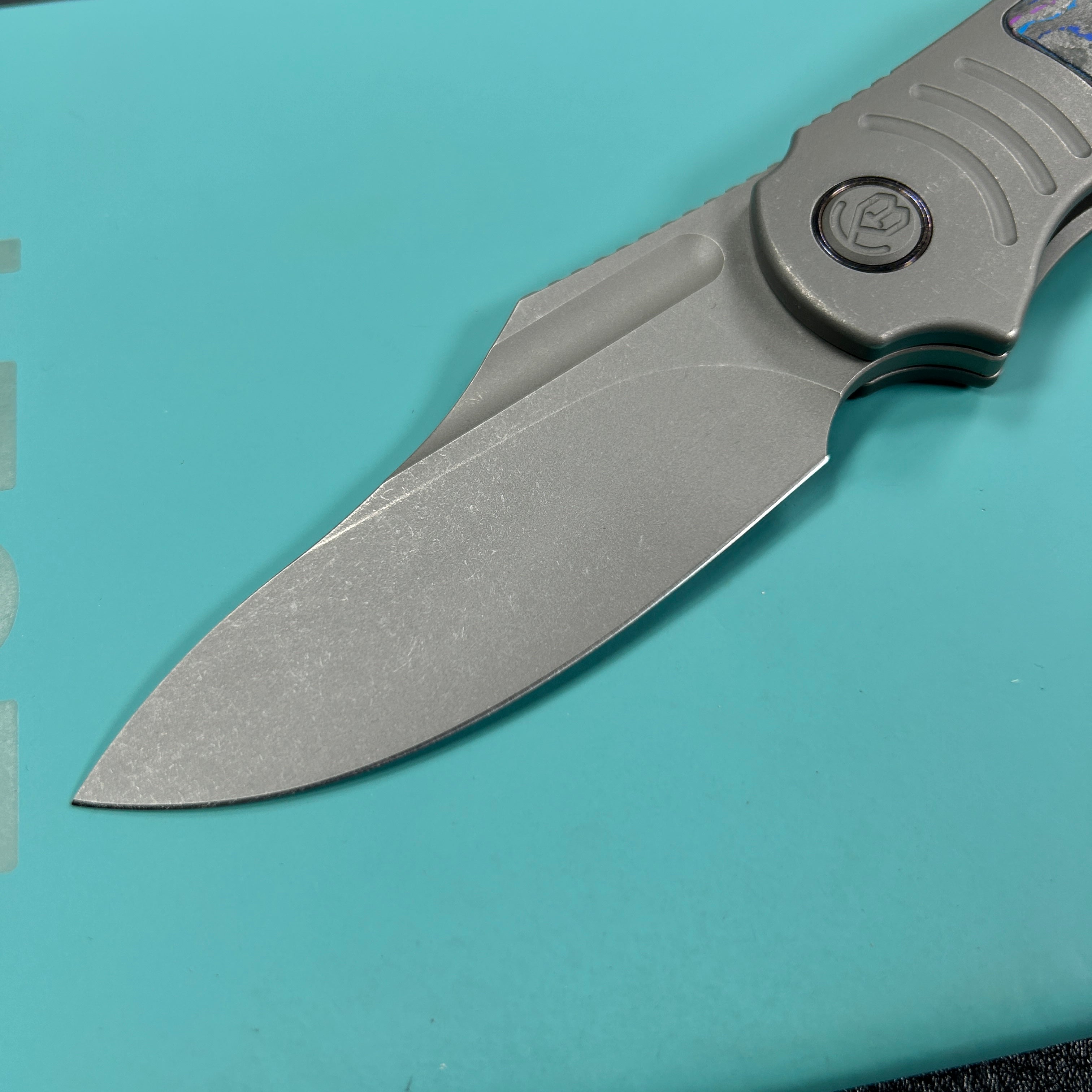 KB Knives  KB384B  Stroller Folding Knife Darkblast Titanium/CF Inlays Handle 3.35" Darkwash CPM 20CV Blade