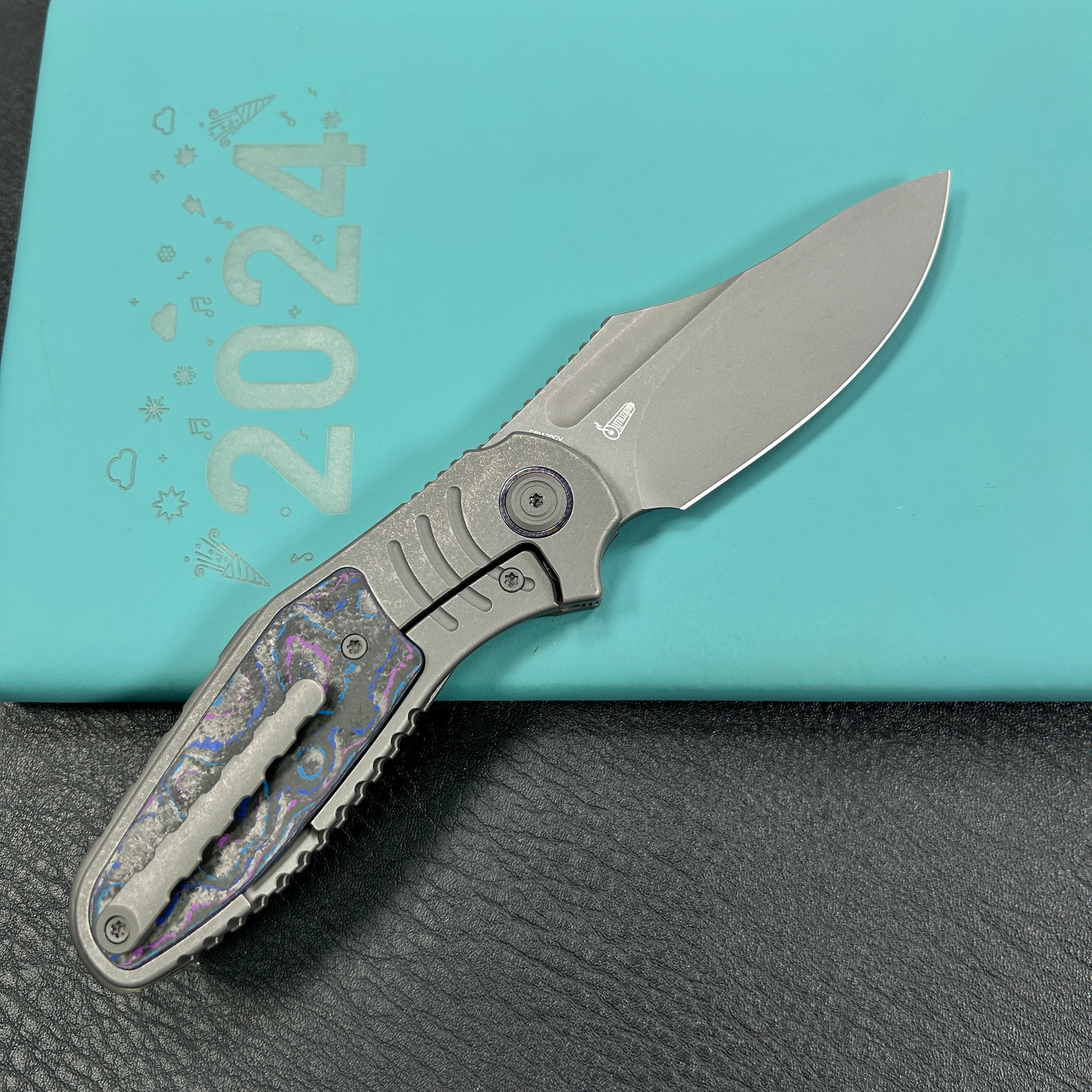 KB Knives  KB384B  Stroller Folding Knife Darkblast Titanium/CF Inlays Handle 3.35" Darkwash CPM 20CV Blade