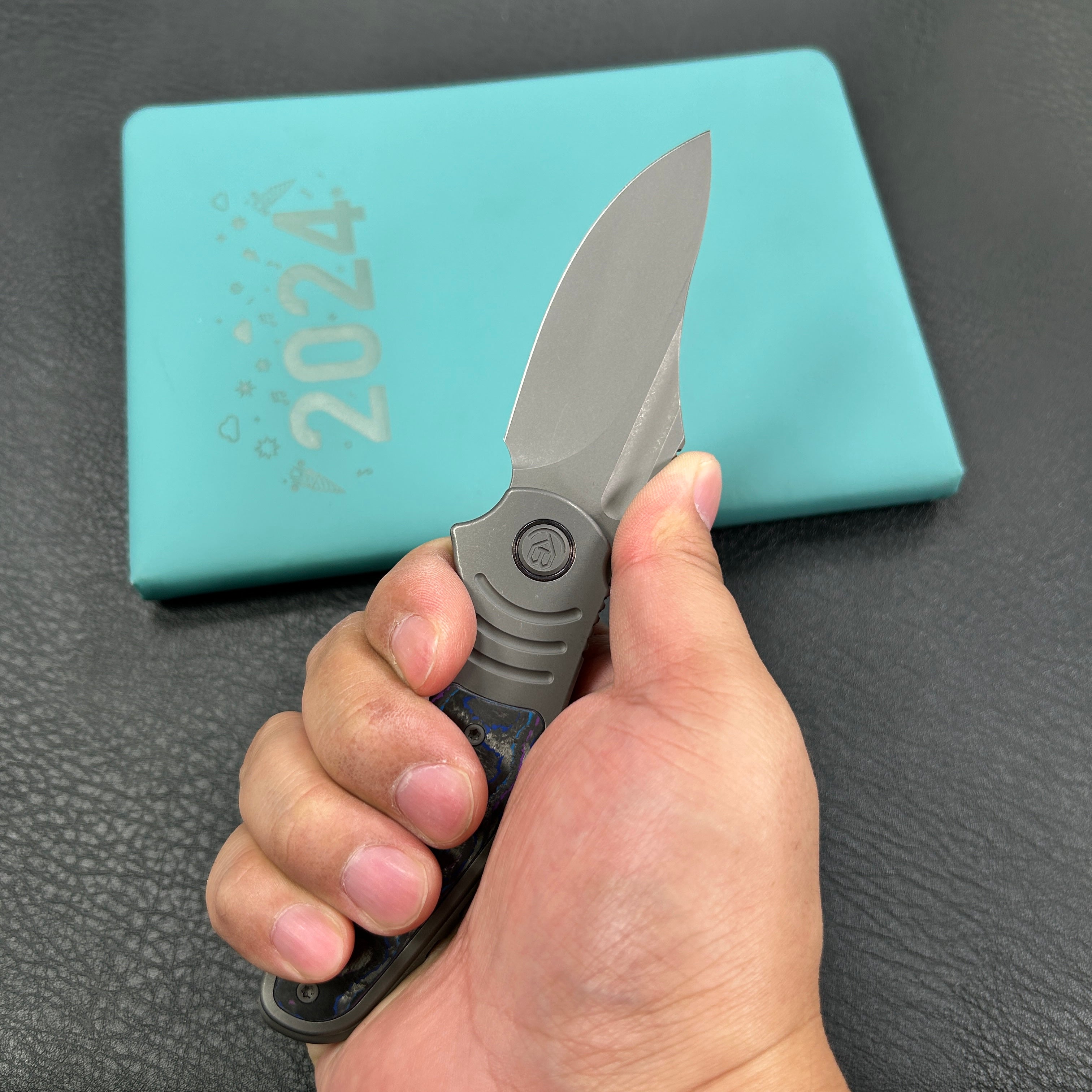 KB Knives  KB384B  Stroller Folding Knife Darkblast Titanium/CF Inlays Handle 3.35" Darkwash CPM 20CV Blade