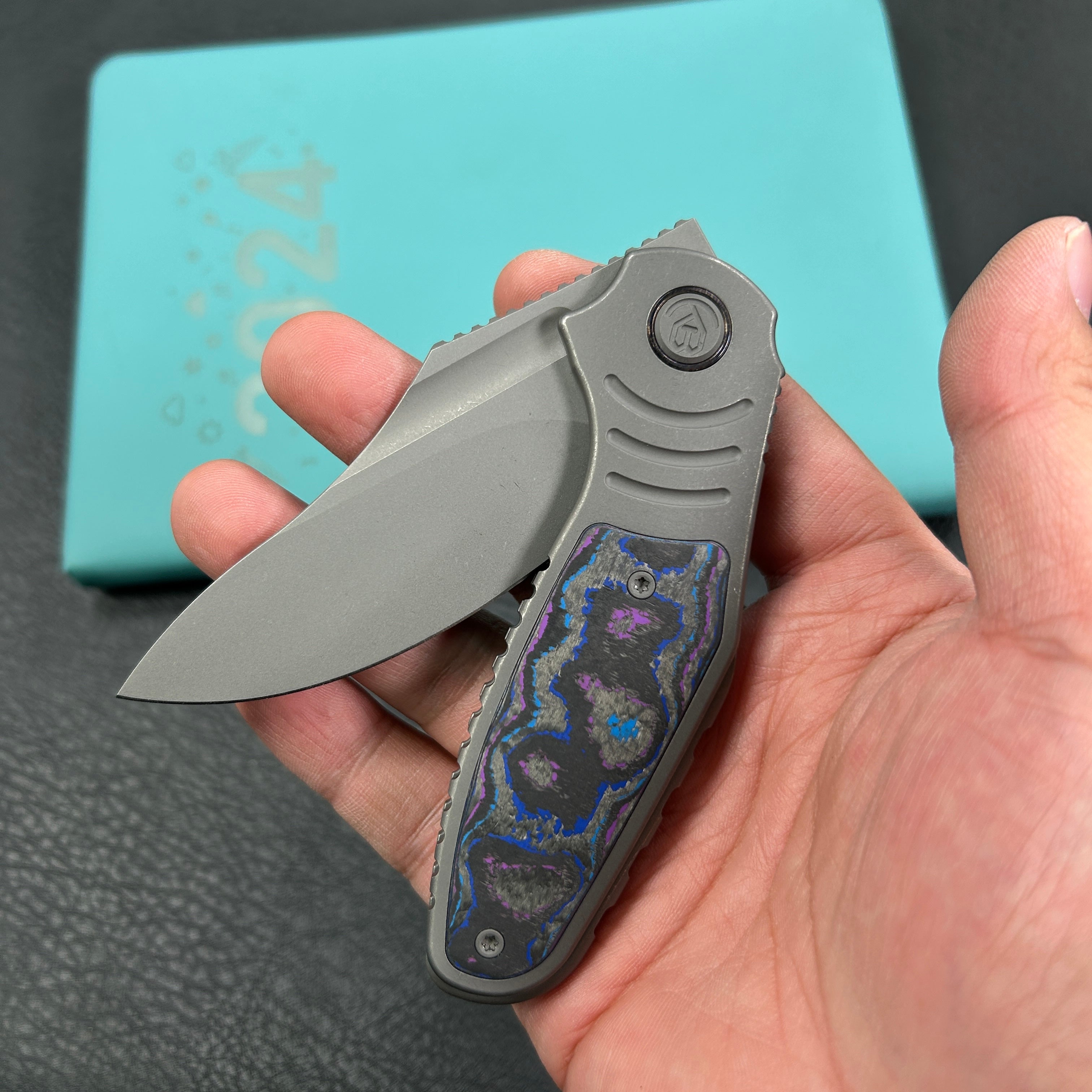 KB Knives  KB384B  Stroller Folding Knife Darkblast Titanium/CF Inlays Handle 3.35" Darkwash CPM 20CV Blade