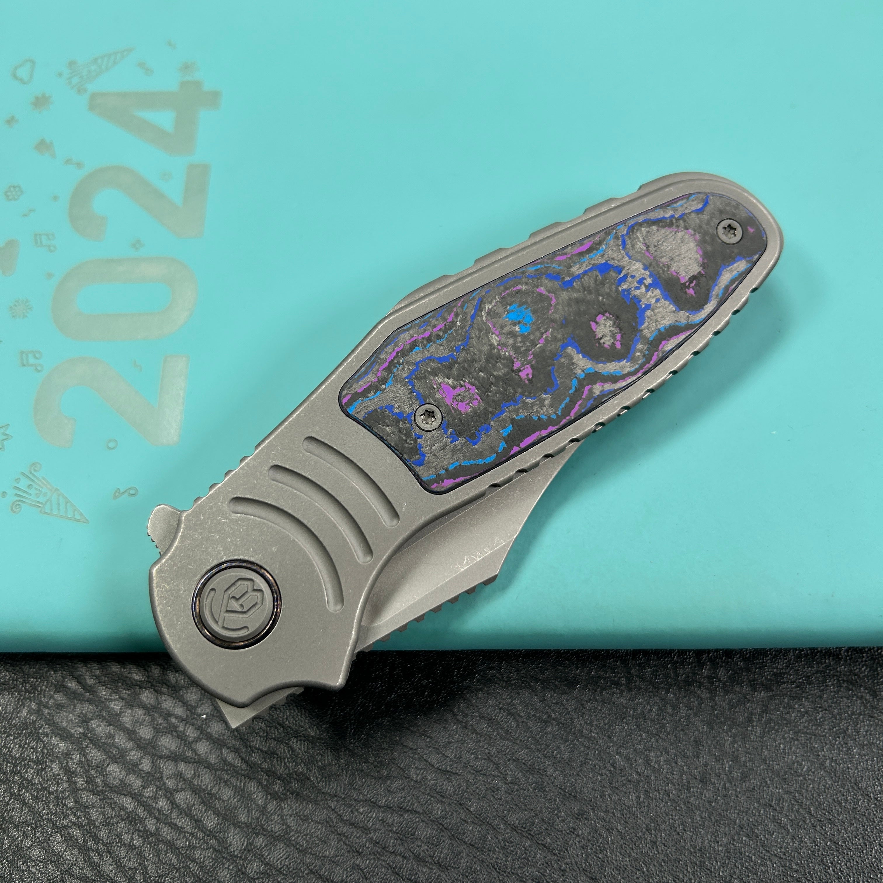 KB Knives  KB384B  Stroller Folding Knife Darkblast Titanium/CF Inlays Handle 3.35" Darkwash CPM 20CV Blade