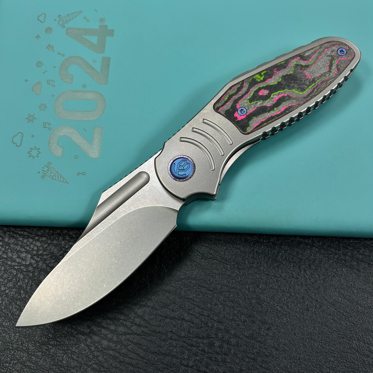 KB Knives KB384A Stroller  Folding Knife Gray Titanium/CF Inlays Handle 3.35”Stonewash CPM 20CV Blade