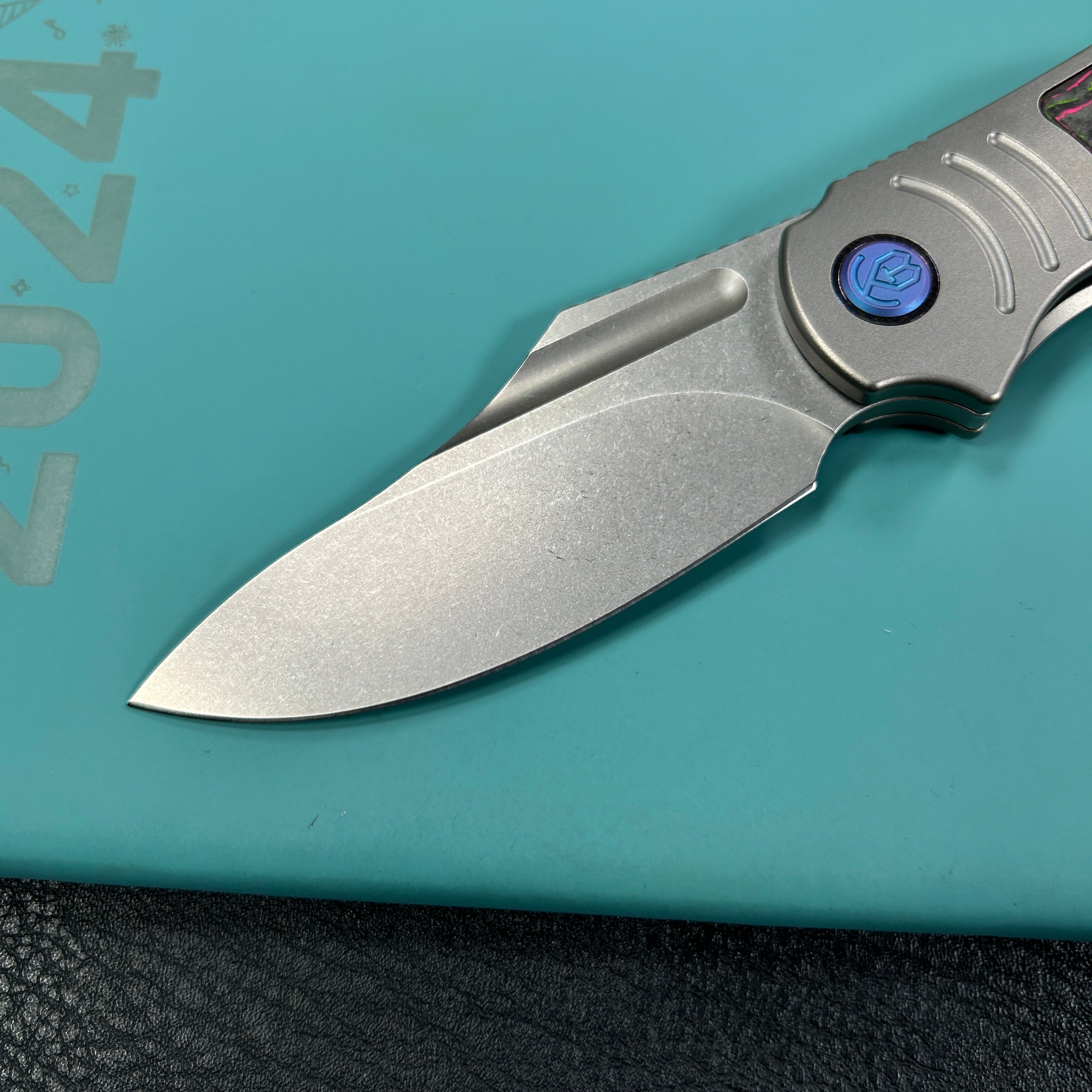 KB Knives KB384A Stroller  Folding Knife Gray Titanium/CF Inlays Handle 3.35”Stonewash CPM 20CV Blade