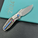 KUBEY KB384A Stroller  Folding Knife Gray Titanium/CF Inlays Handle 3.35”Stonewash CPM 20CV Blade