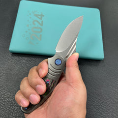 KB Knives KB384A Stroller  Folding Knife Gray Titanium/CF Inlays Handle 3.35”Stonewash CPM 20CV Blade