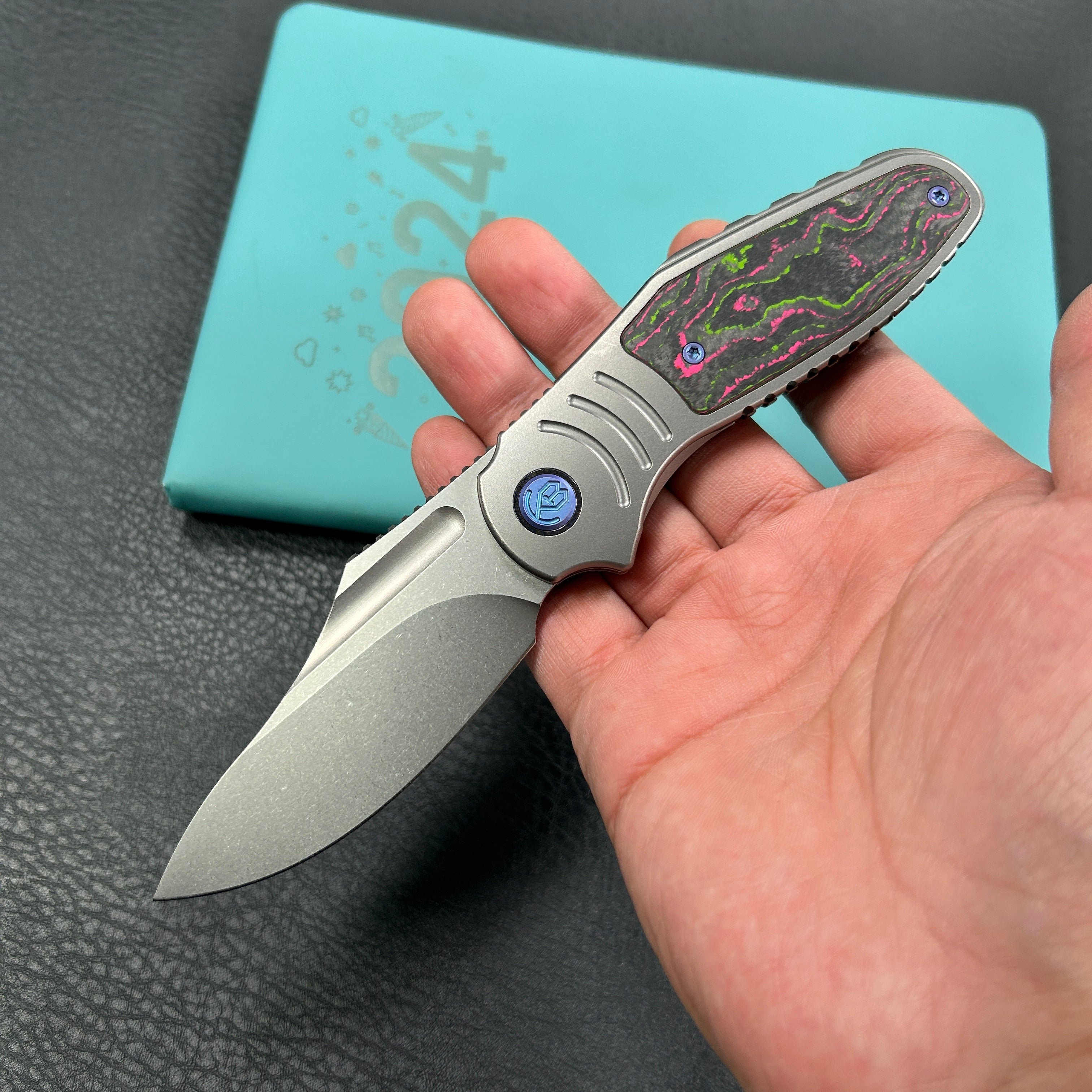 KB Knives KB384A Stroller  Folding Knife Gray Titanium/CF Inlays Handle 3.35”Stonewash CPM 20CV Blade