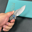 KUBEY KB384A Stroller  Folding Knife Gray Titanium/CF Inlays Handle 3.35”Stonewash CPM 20CV Blade